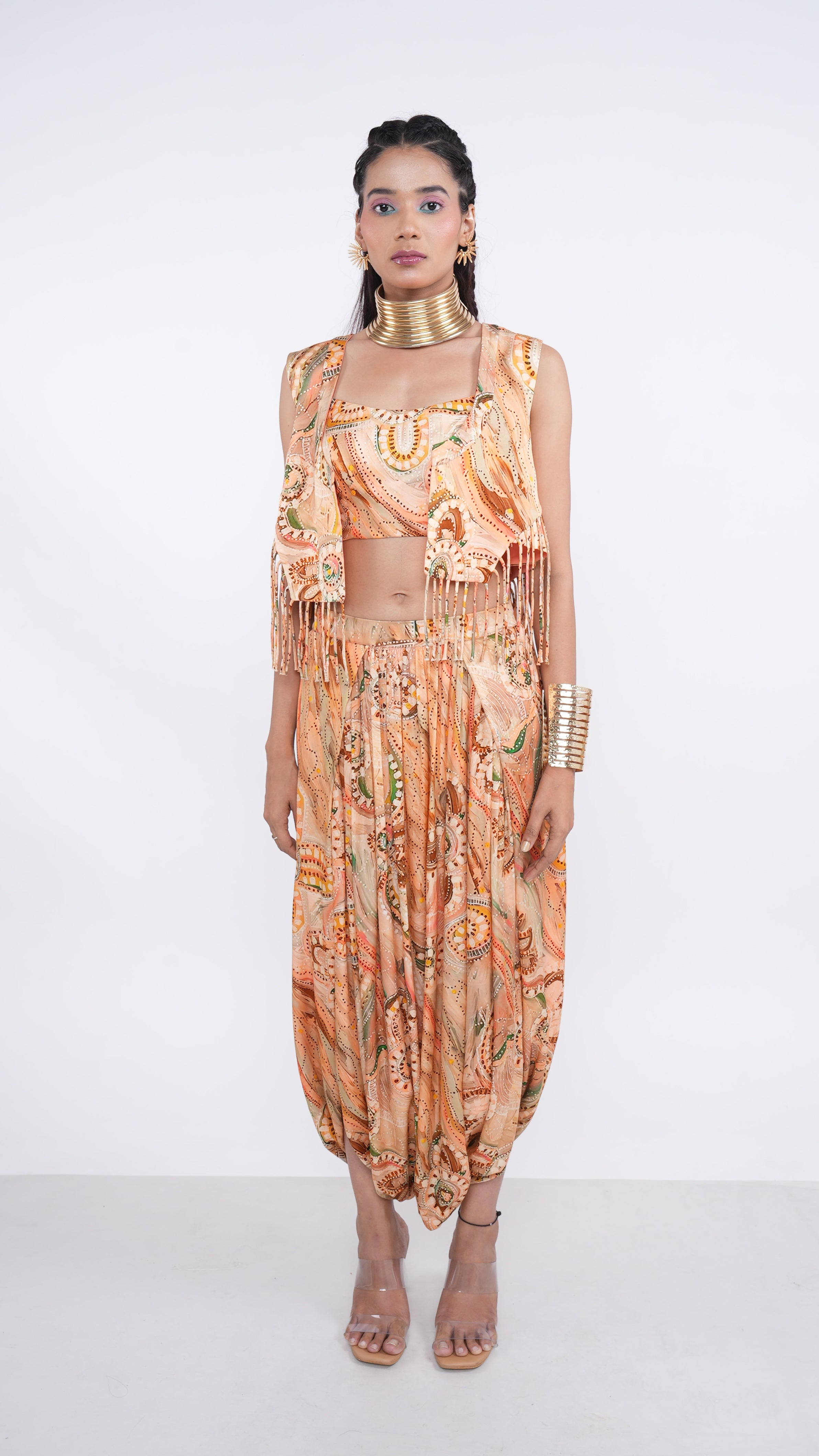 Ethereal Peach Satin Elyisia Cropped Jacket & Draped Pant Set