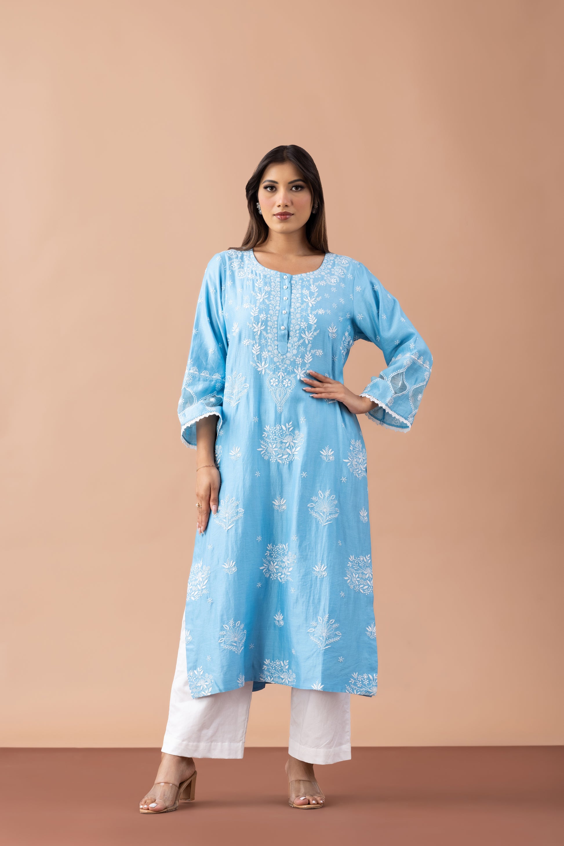 Firoza Turquoise Chikankari Embroidered Kurta Set