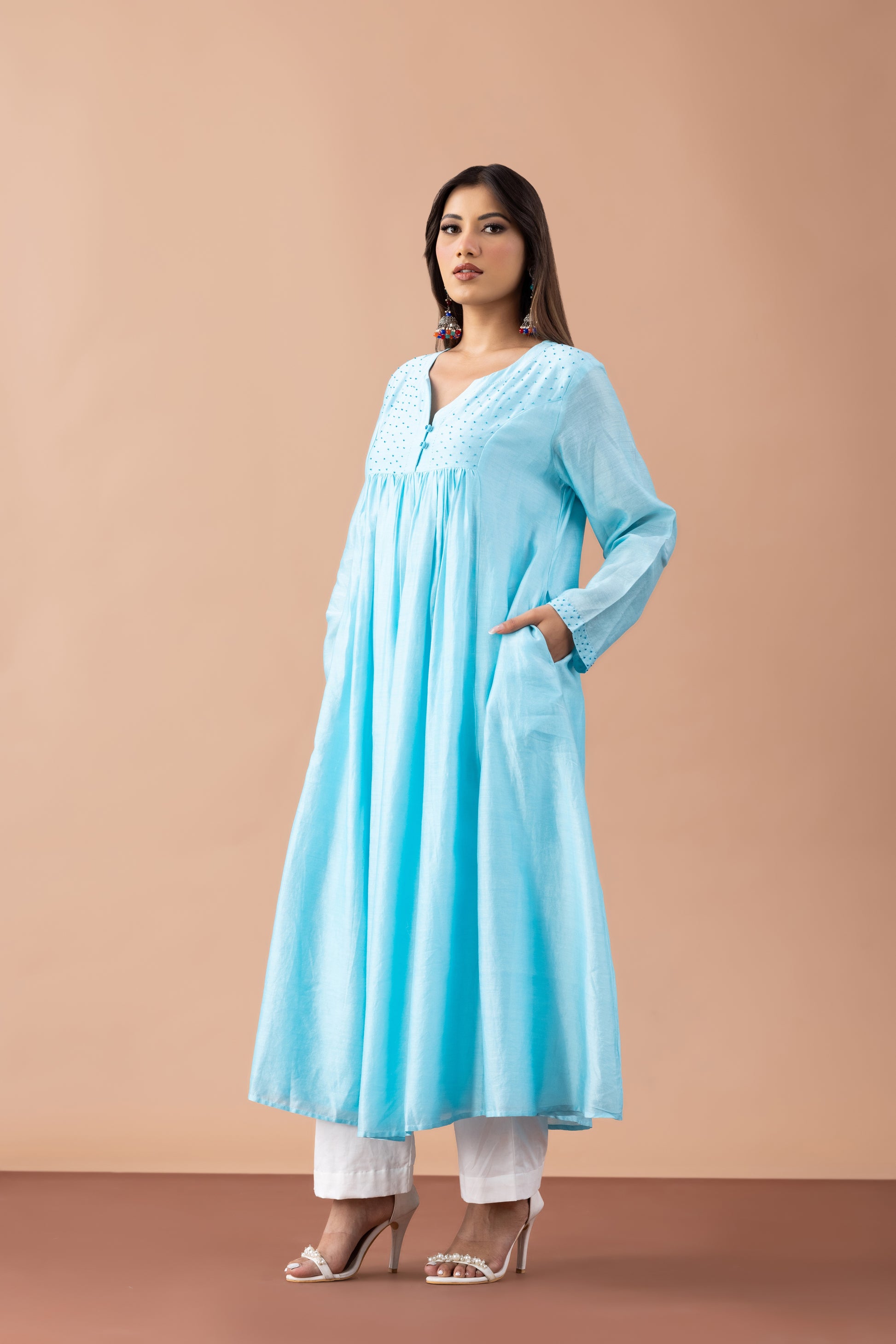 Turquoise Jashn Kurta Set in Chanderi & Cotton