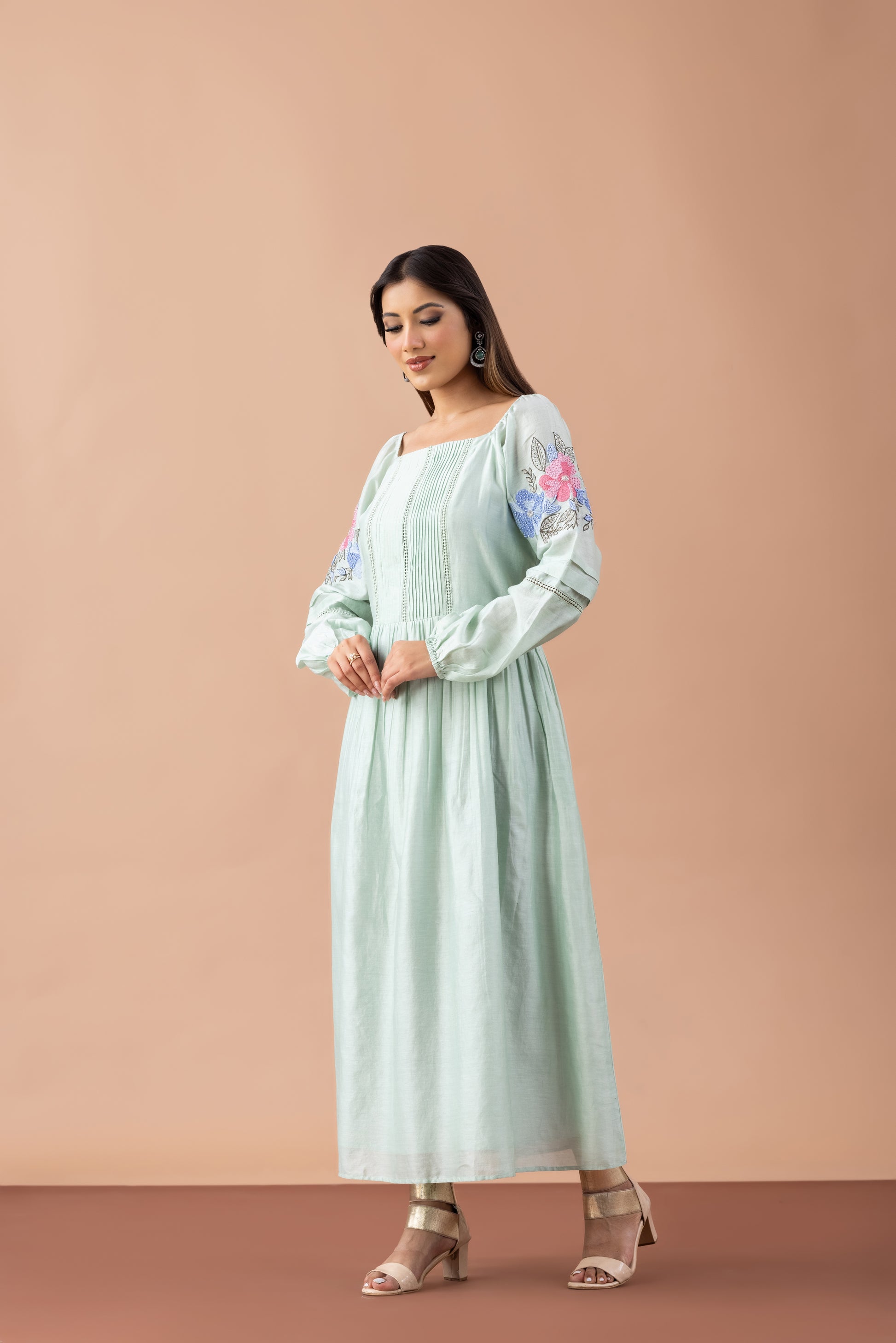 Sia Pistachio Green Chanderi Kurta with Floral Embroidery