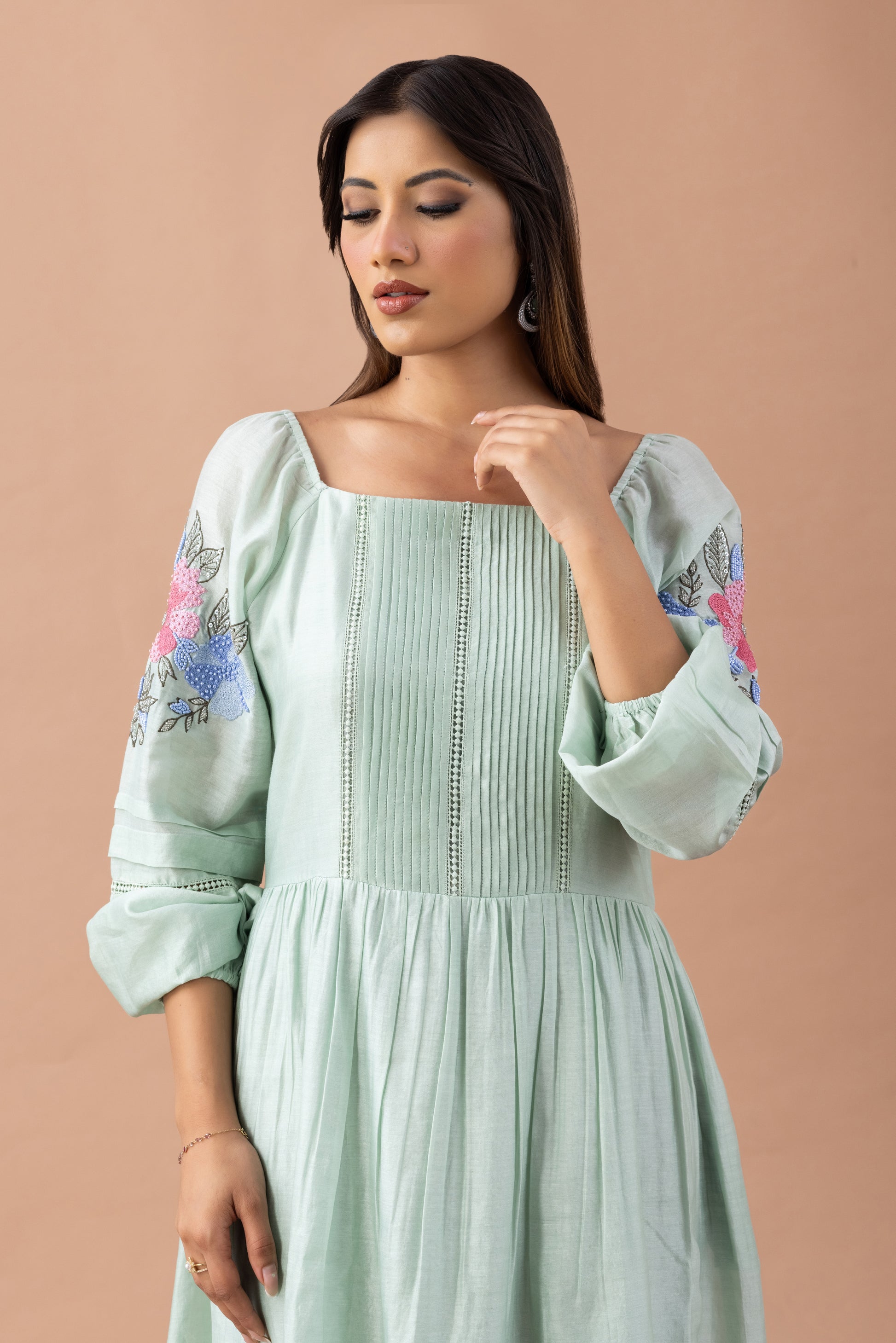 Sia Pistachio Green Chanderi Kurta with Floral Embroidery