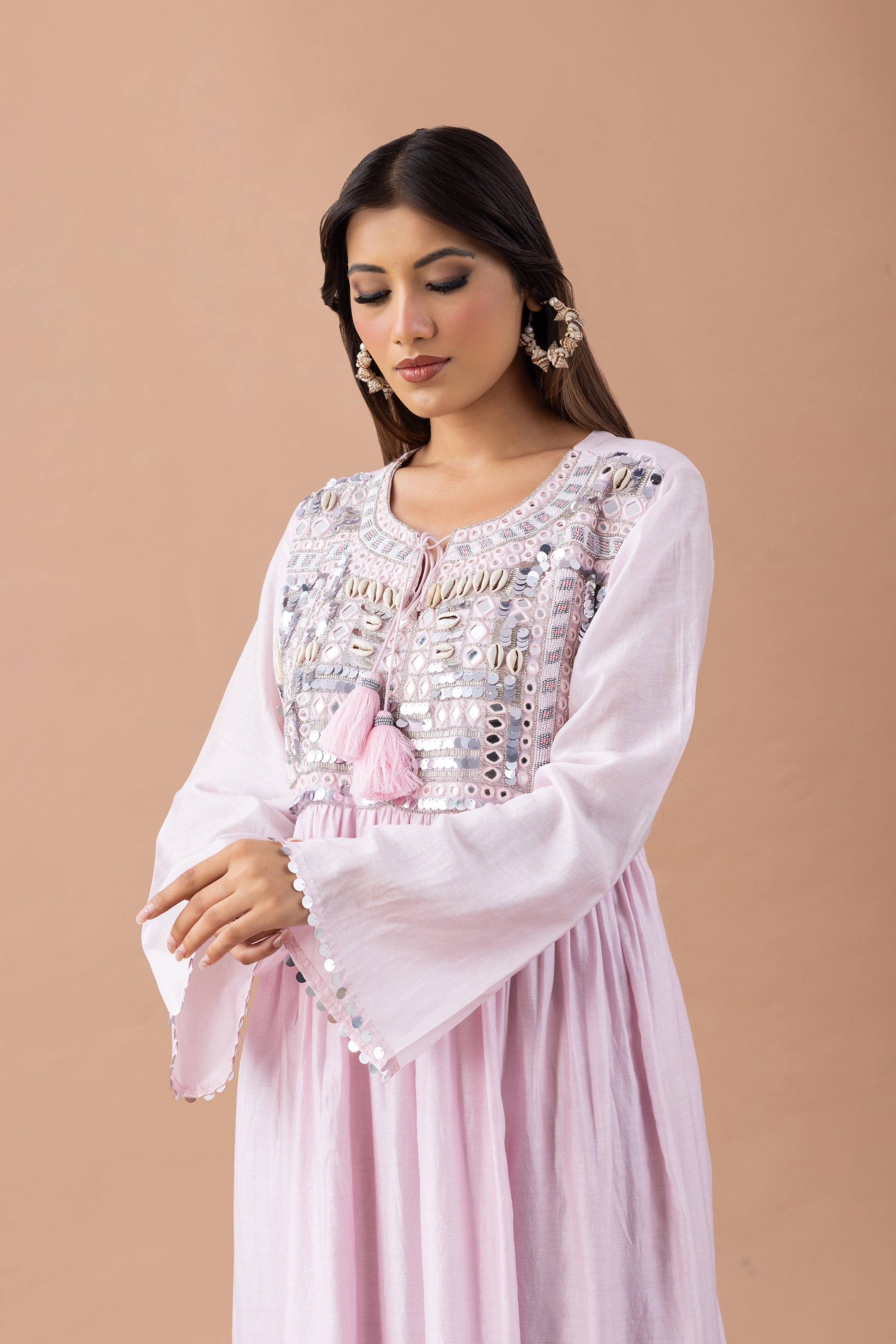 Banjara Mirror Work Tiered Maxi Dress in Cotton Silk