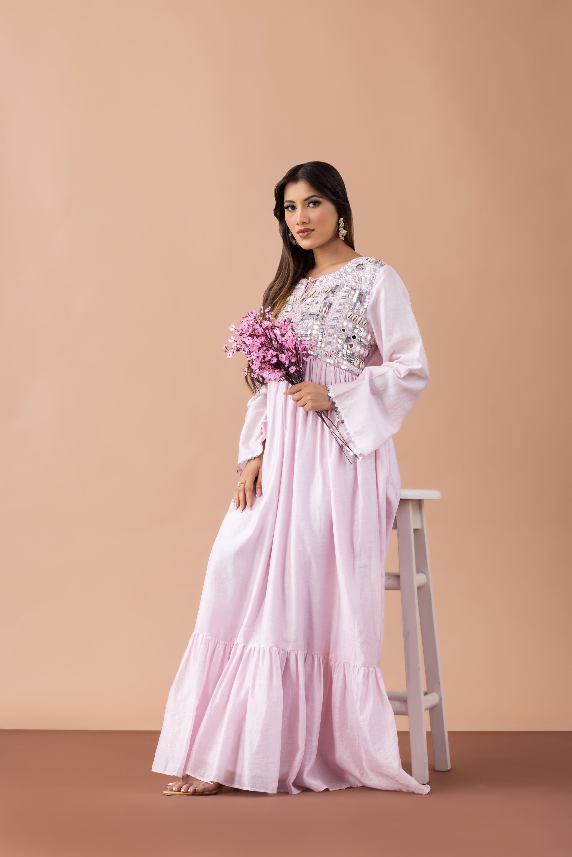 Banjara Mirror Work Tiered Maxi Dress in Cotton Silk