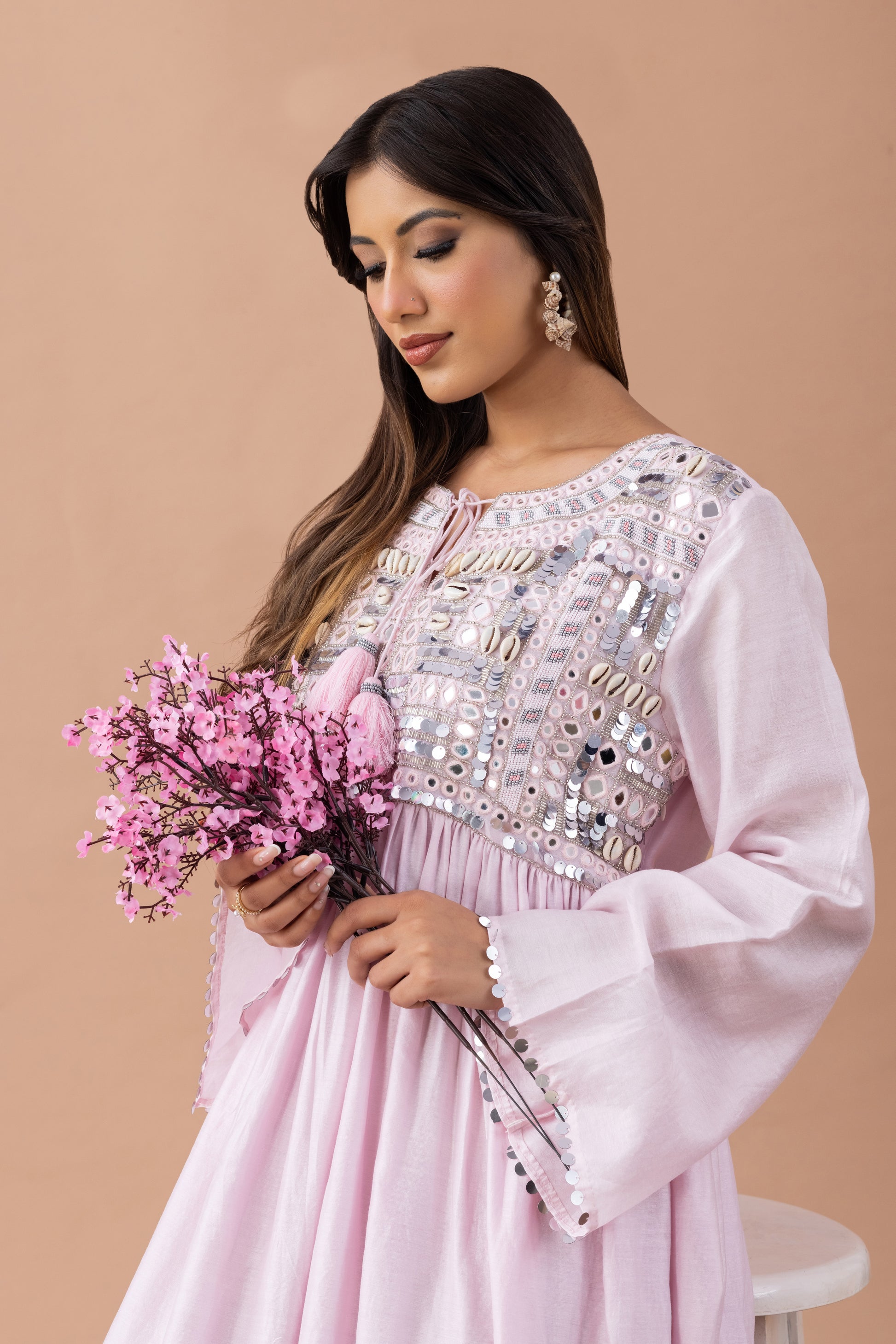 Banjara Mirror Work Tiered Maxi Dress in Cotton Silk