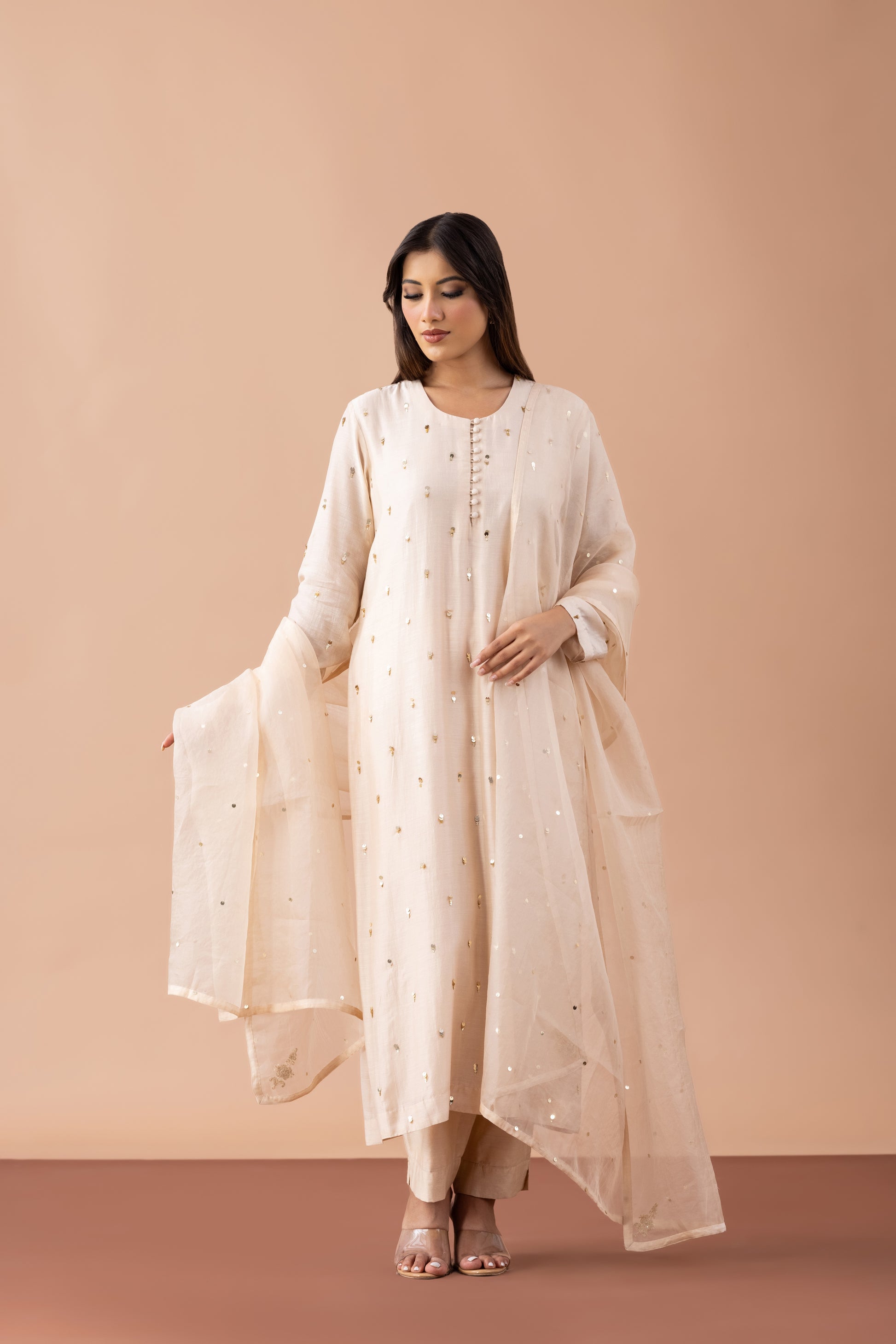 Sitara Beige Sequin Embellished Butter Silk Suit Set