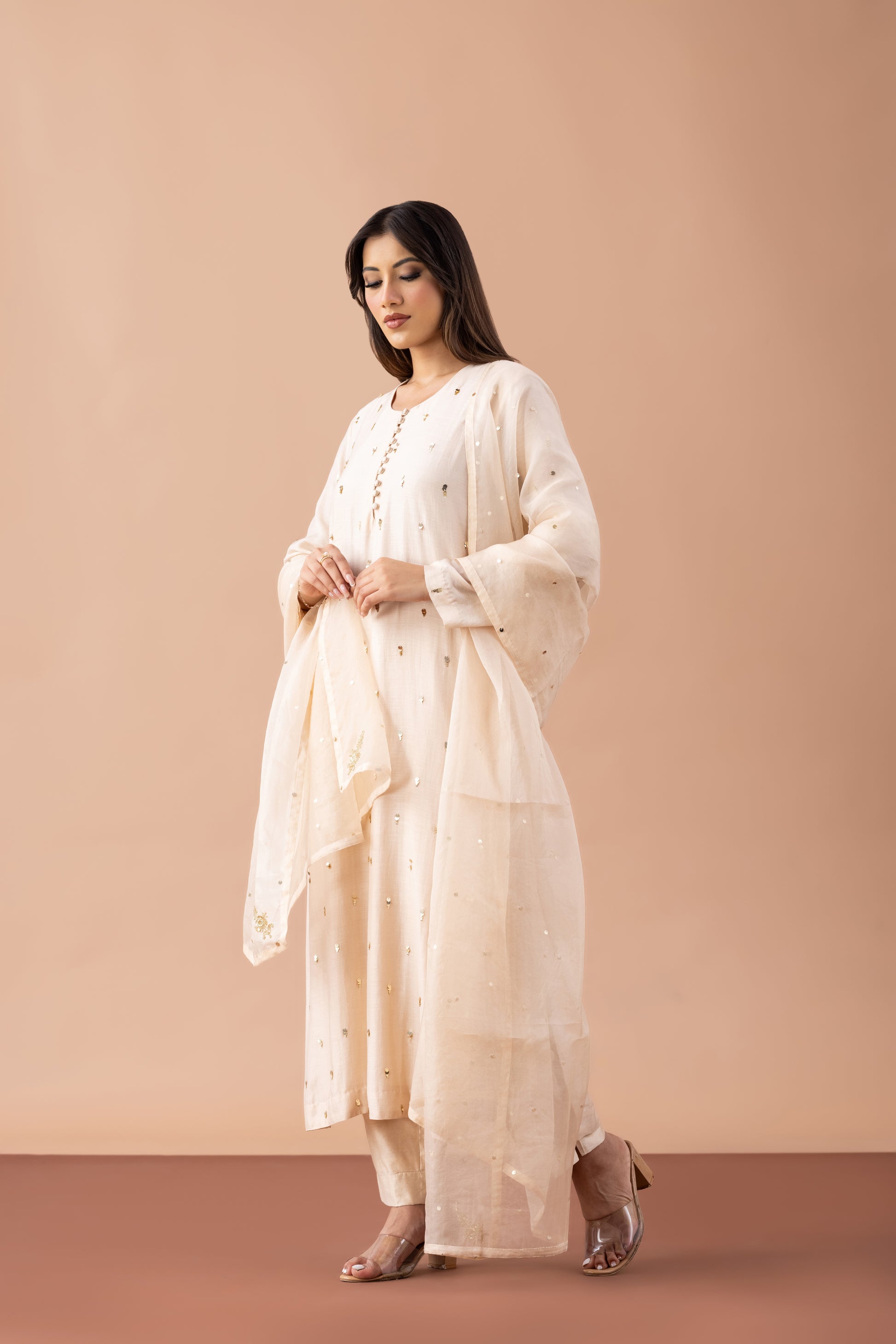 Sitara Beige Sequin Embellished Butter Silk Suit Set