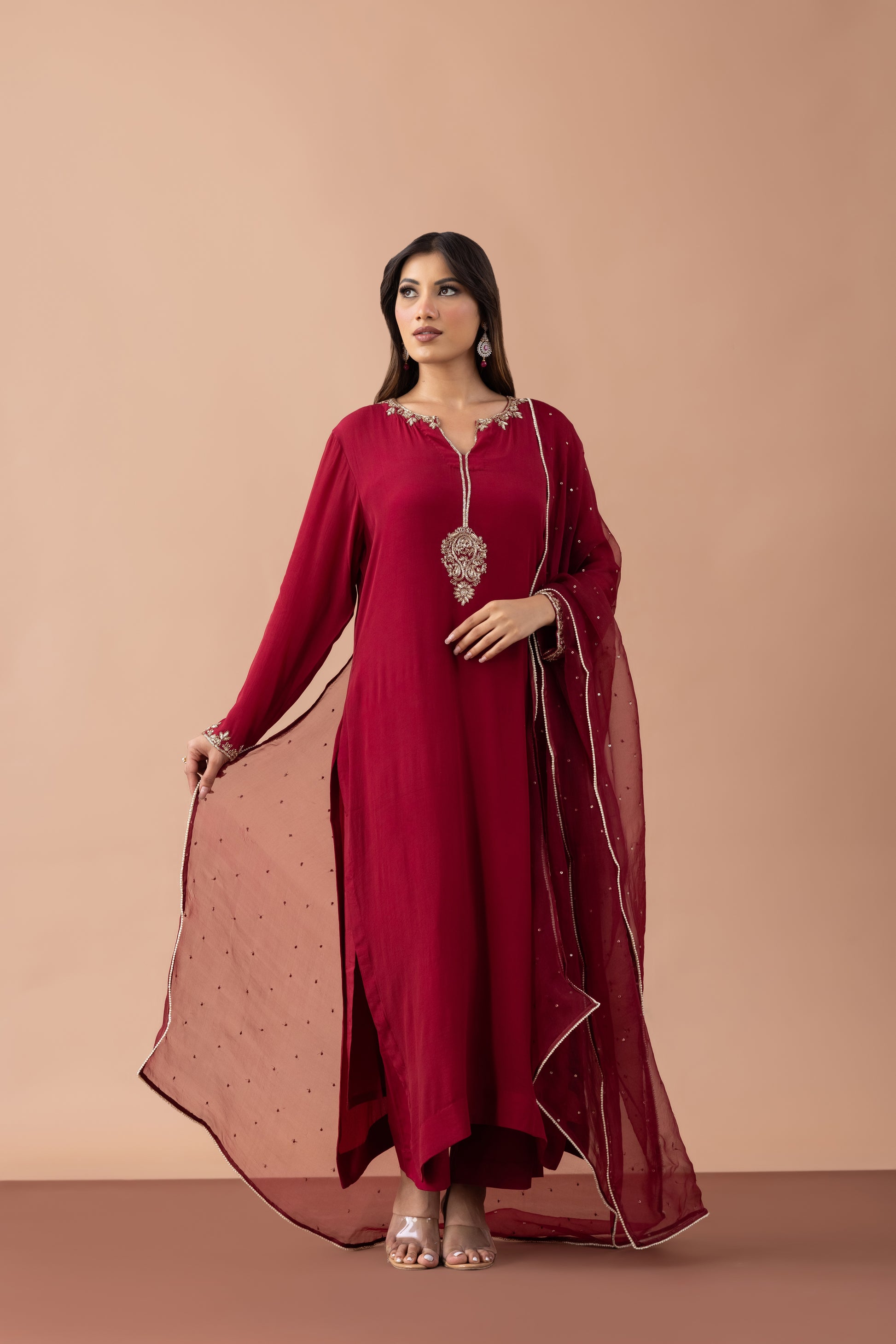 Naqsh Maroon Hand-Embroidered Crepe Suit Set
