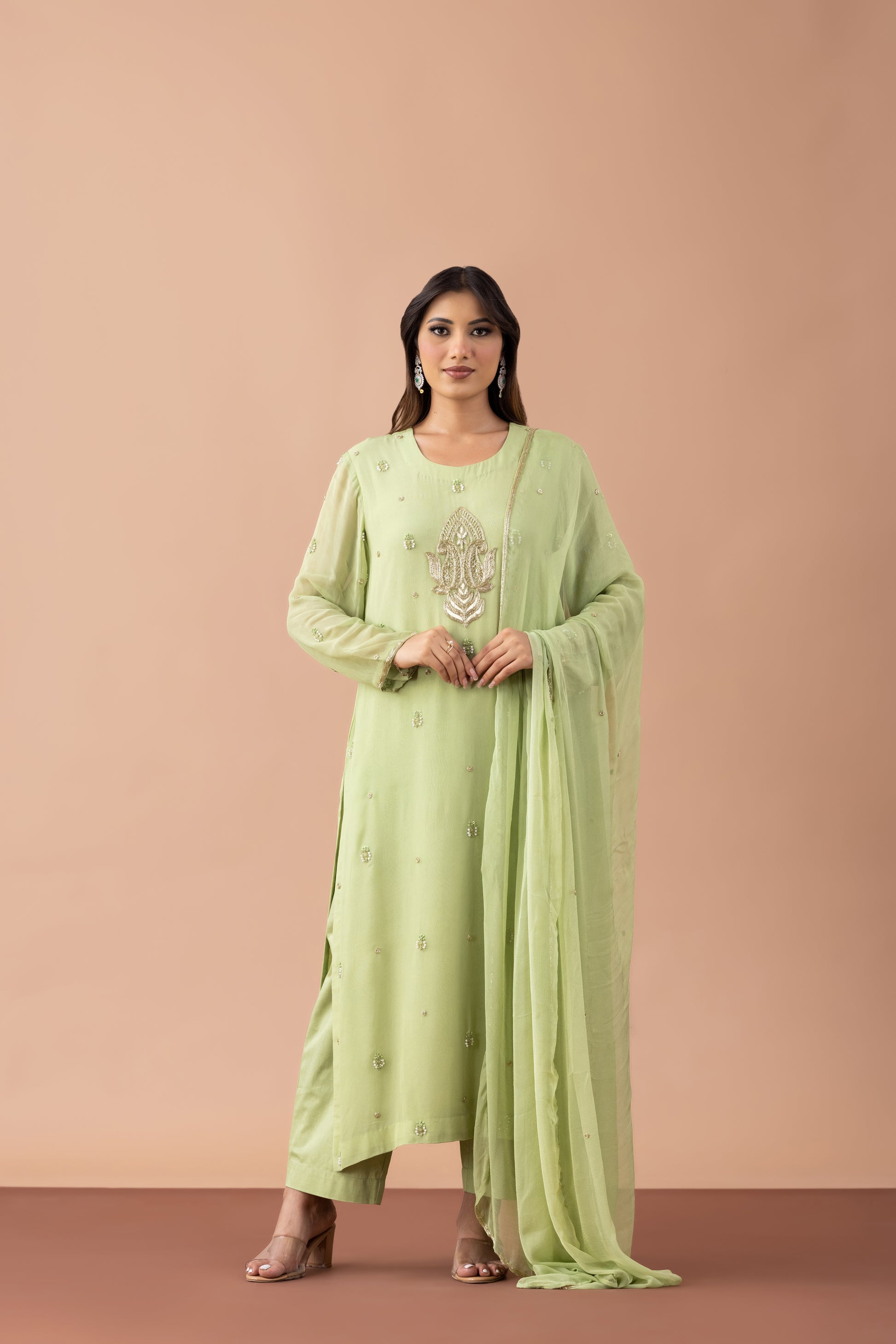 Green Zareen Kurta Set in Georgette with Chiffon Dupatta
