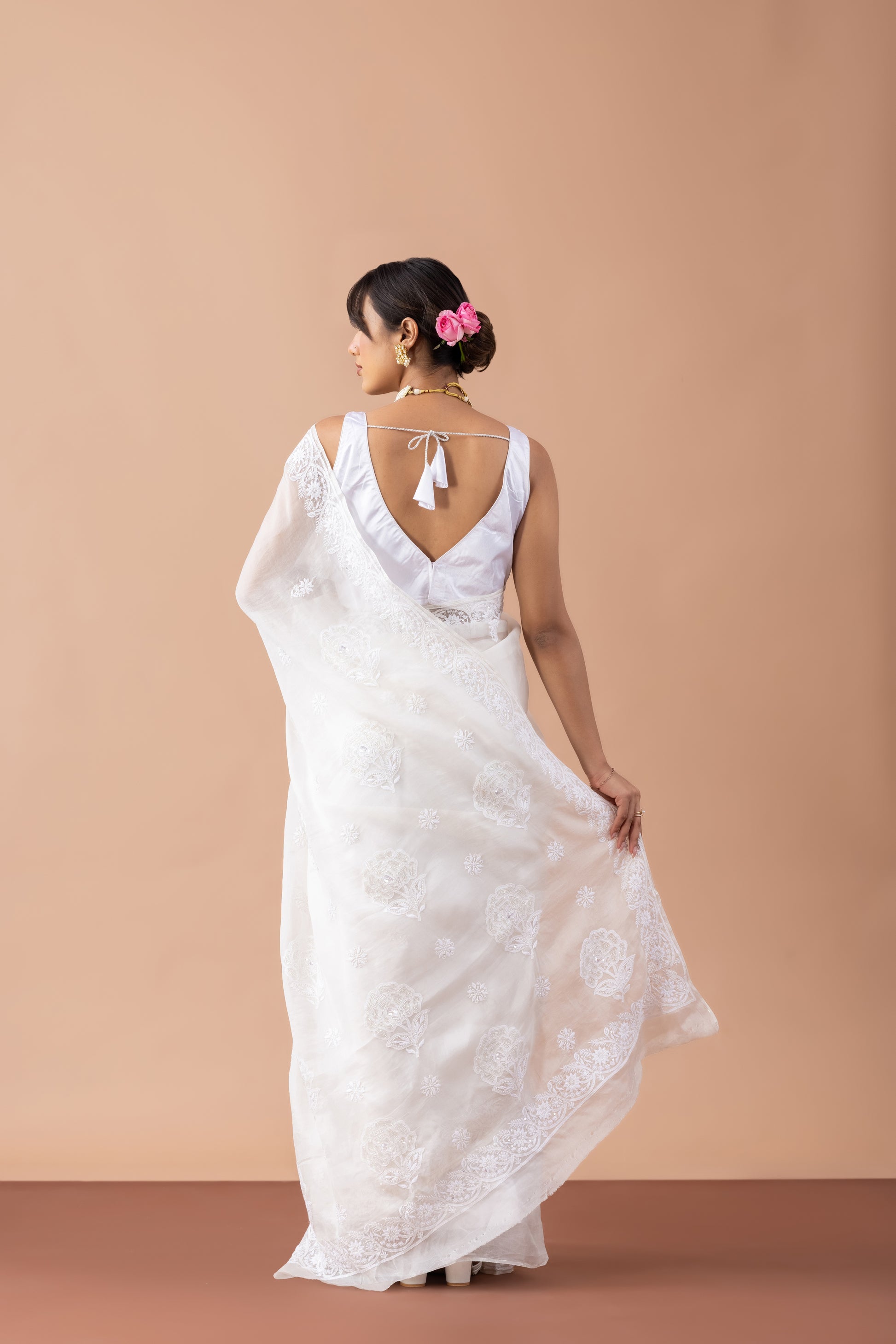 White Organza Lucknowi Embroidered Saree