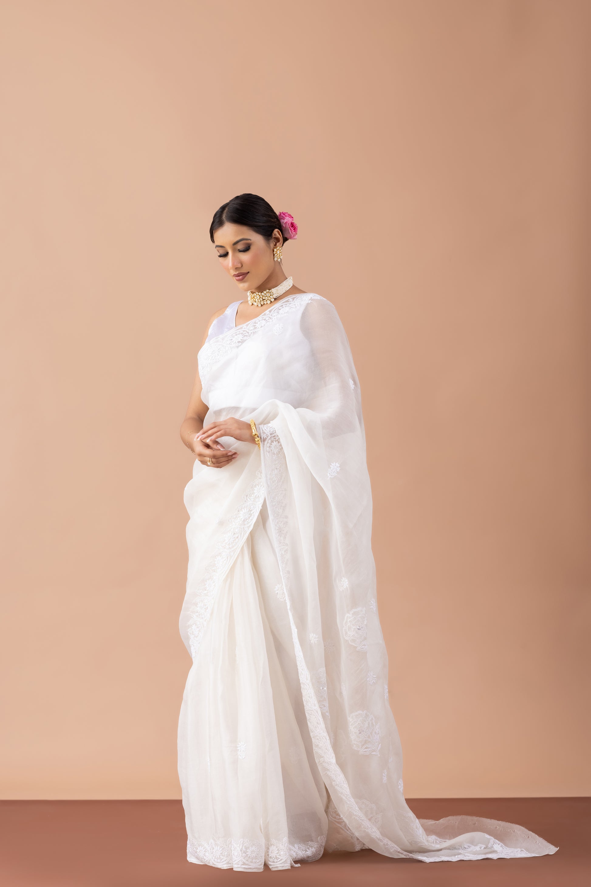 White Organza Lucknowi Embroidered Saree