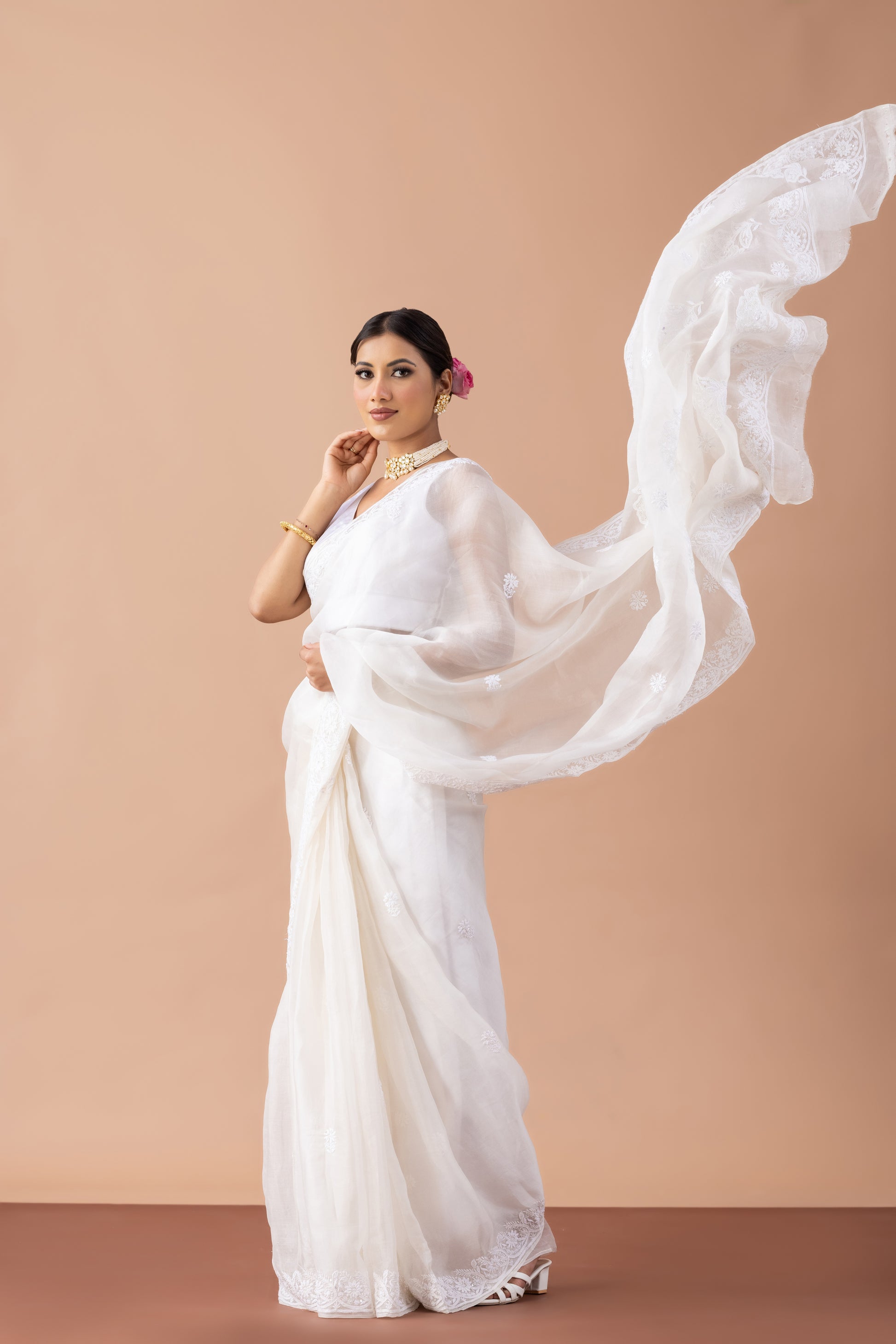 White Organza Lucknowi Embroidered Saree