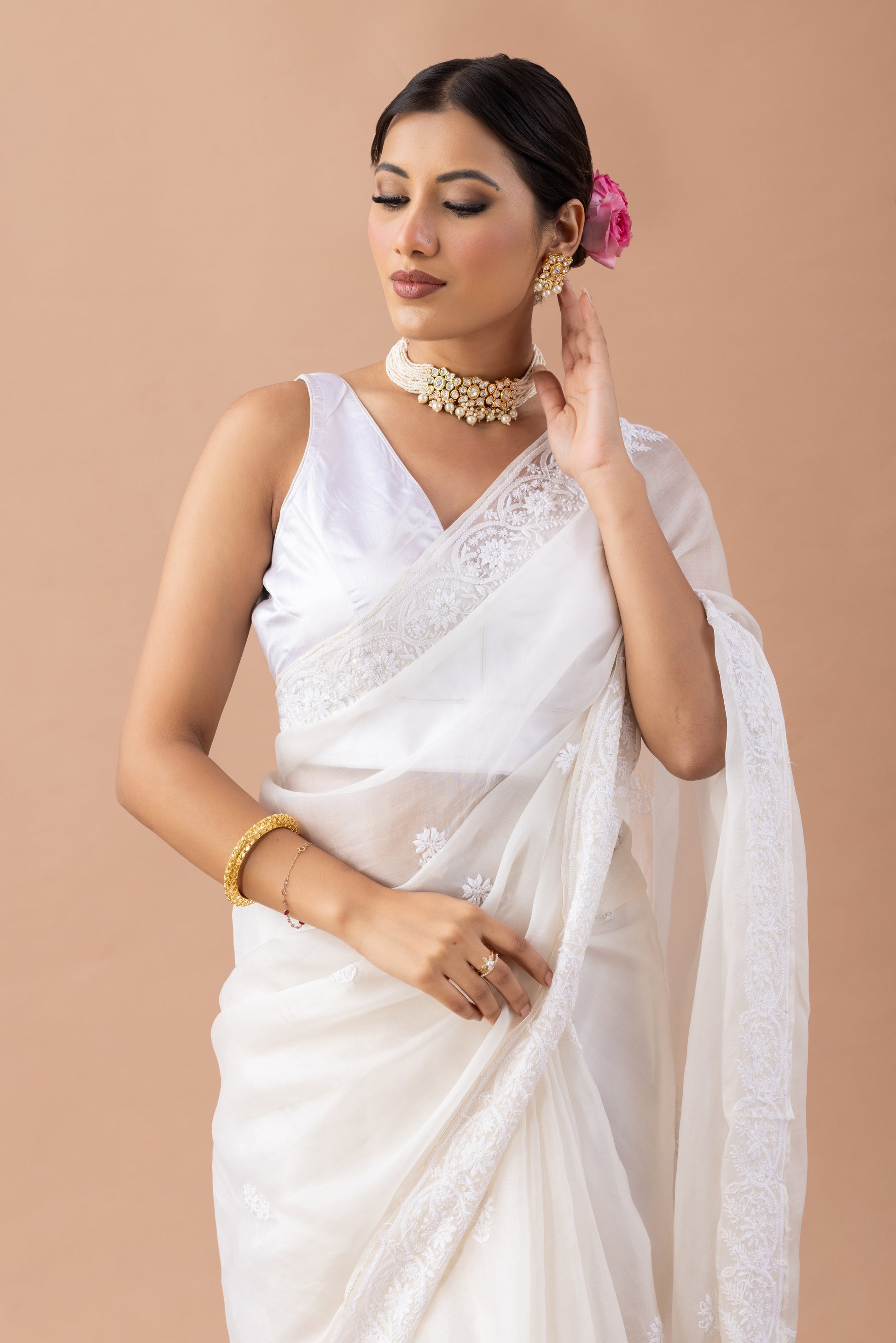 White Organza Lucknowi Embroidered Saree