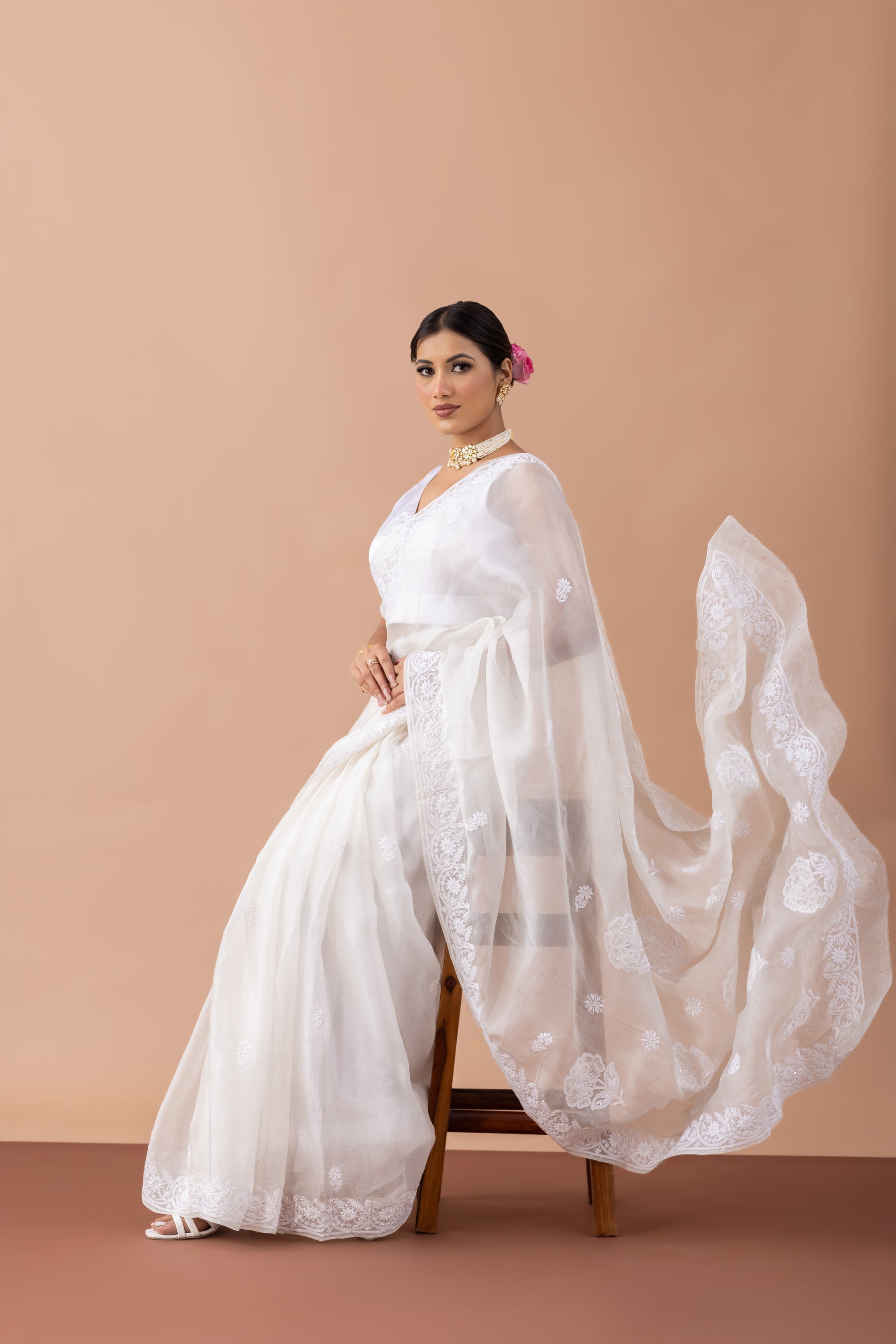 White Organza Lucknowi Embroidered Saree