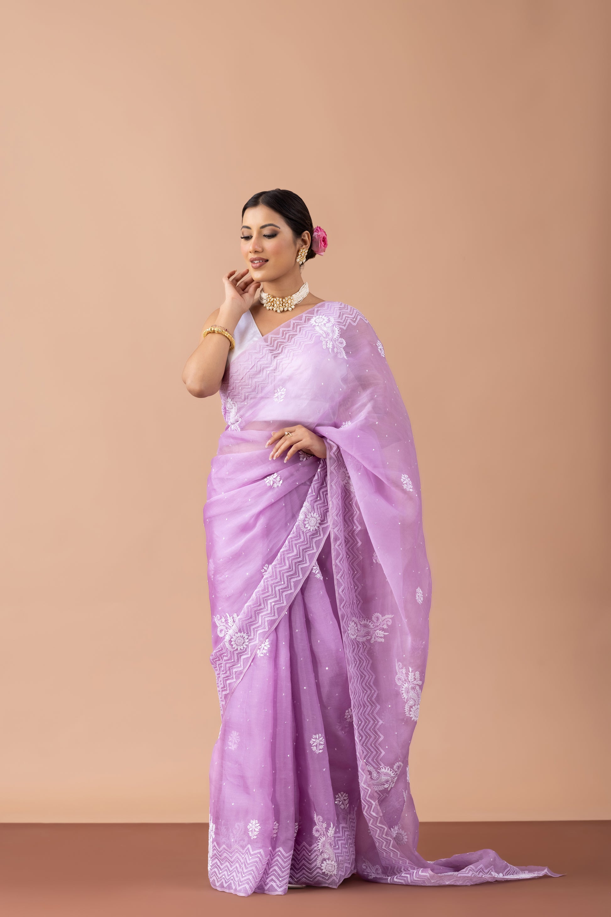 Exquisite Mauve Organza Saree with White Threadwork Embroidery