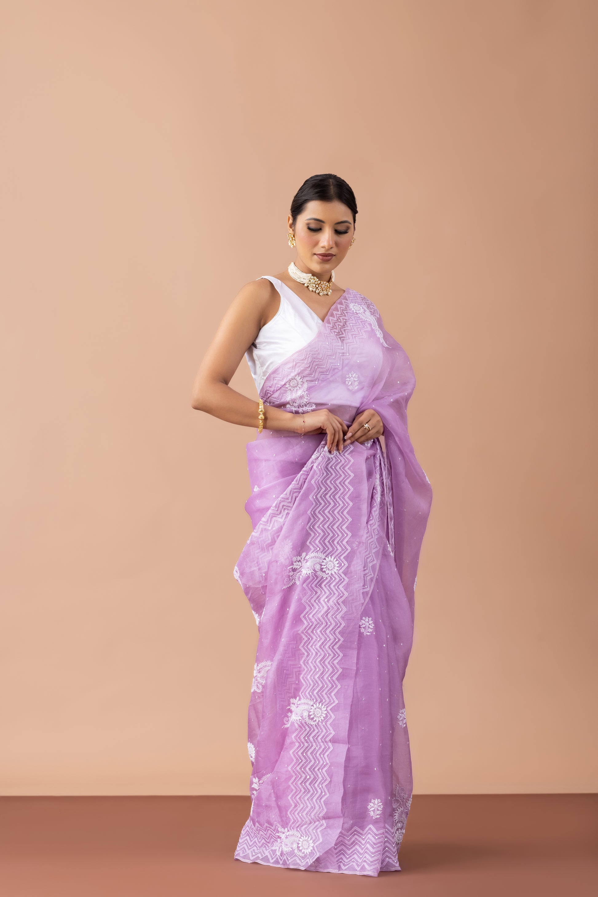 Exquisite Mauve Organza Saree with White Threadwork Embroidery