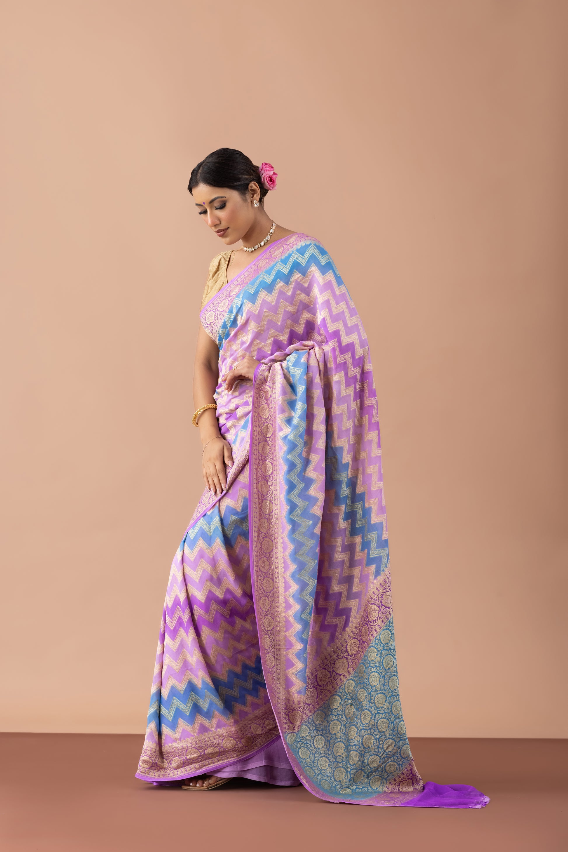 Lavender & Blue Chevron Georgette Banarasi Saree