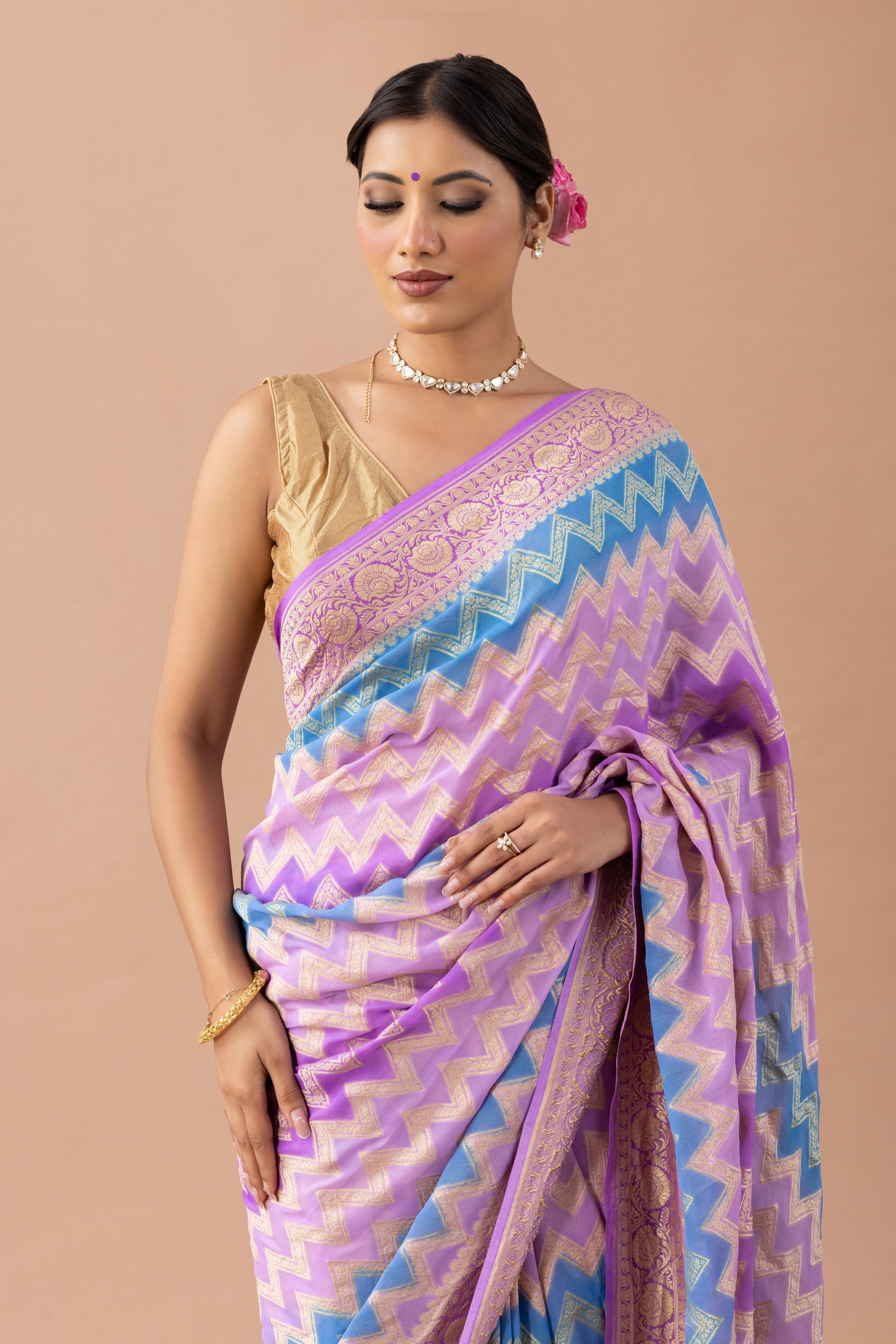 Lavender & Blue Chevron Georgette Banarasi Saree