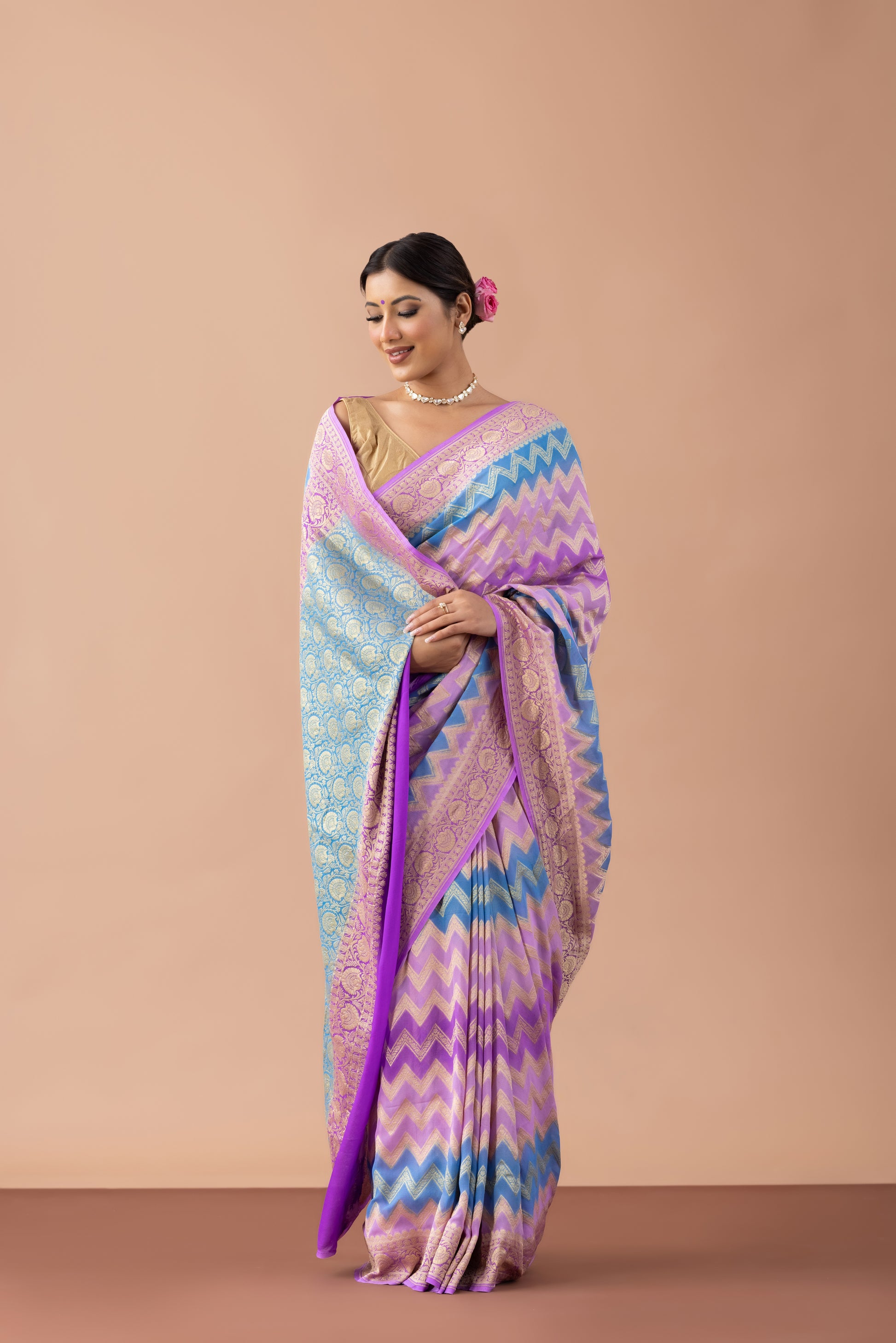 Lavender & Blue Chevron Georgette Banarasi Saree