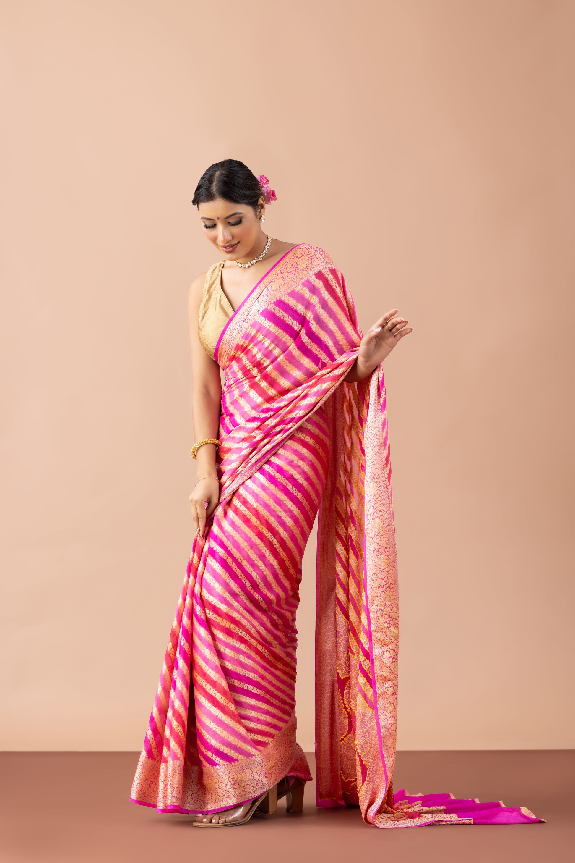 Pink Striped Georgette Banarasi Saree with Zari Border