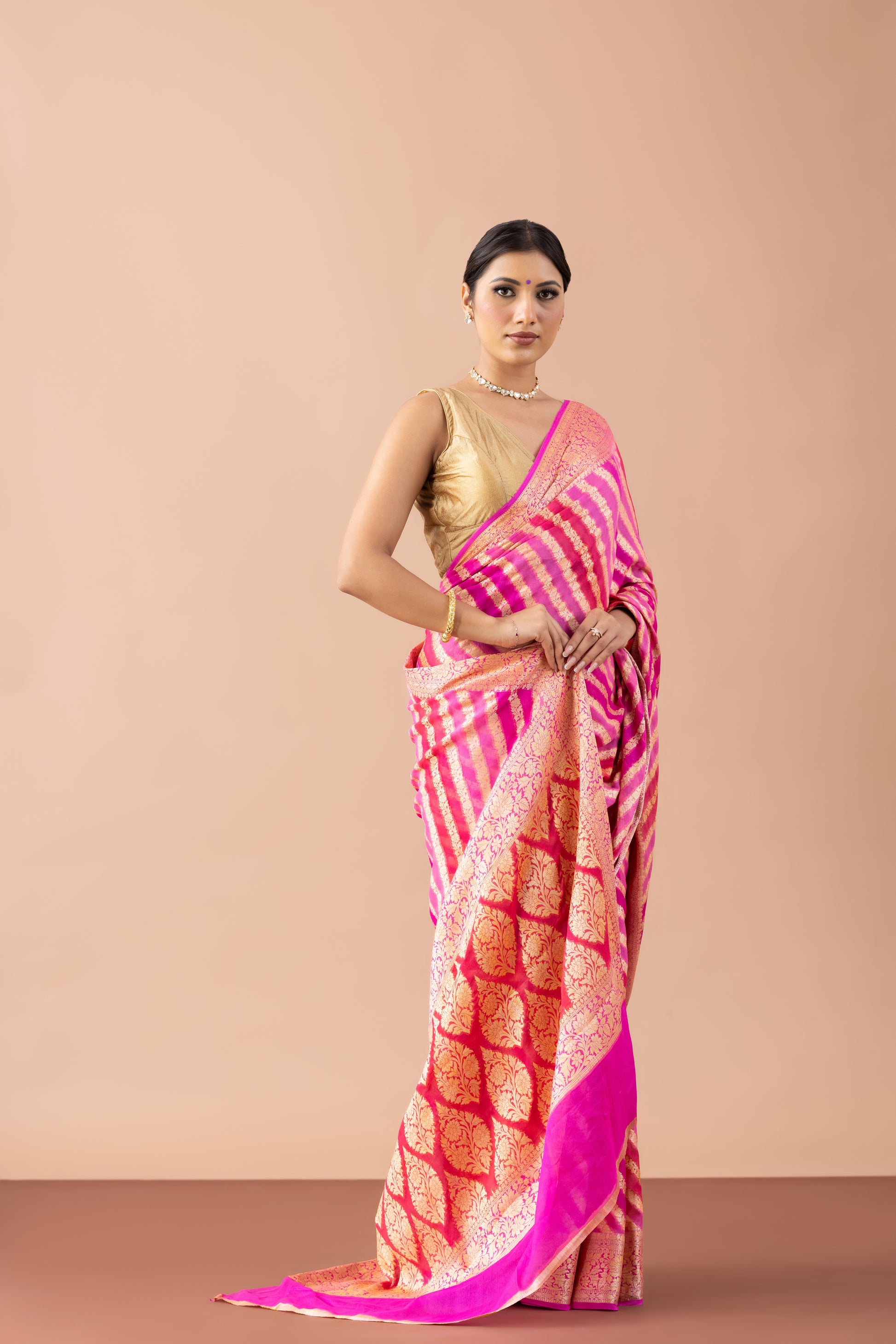 Pink Striped Georgette Banarasi Saree with Zari Border