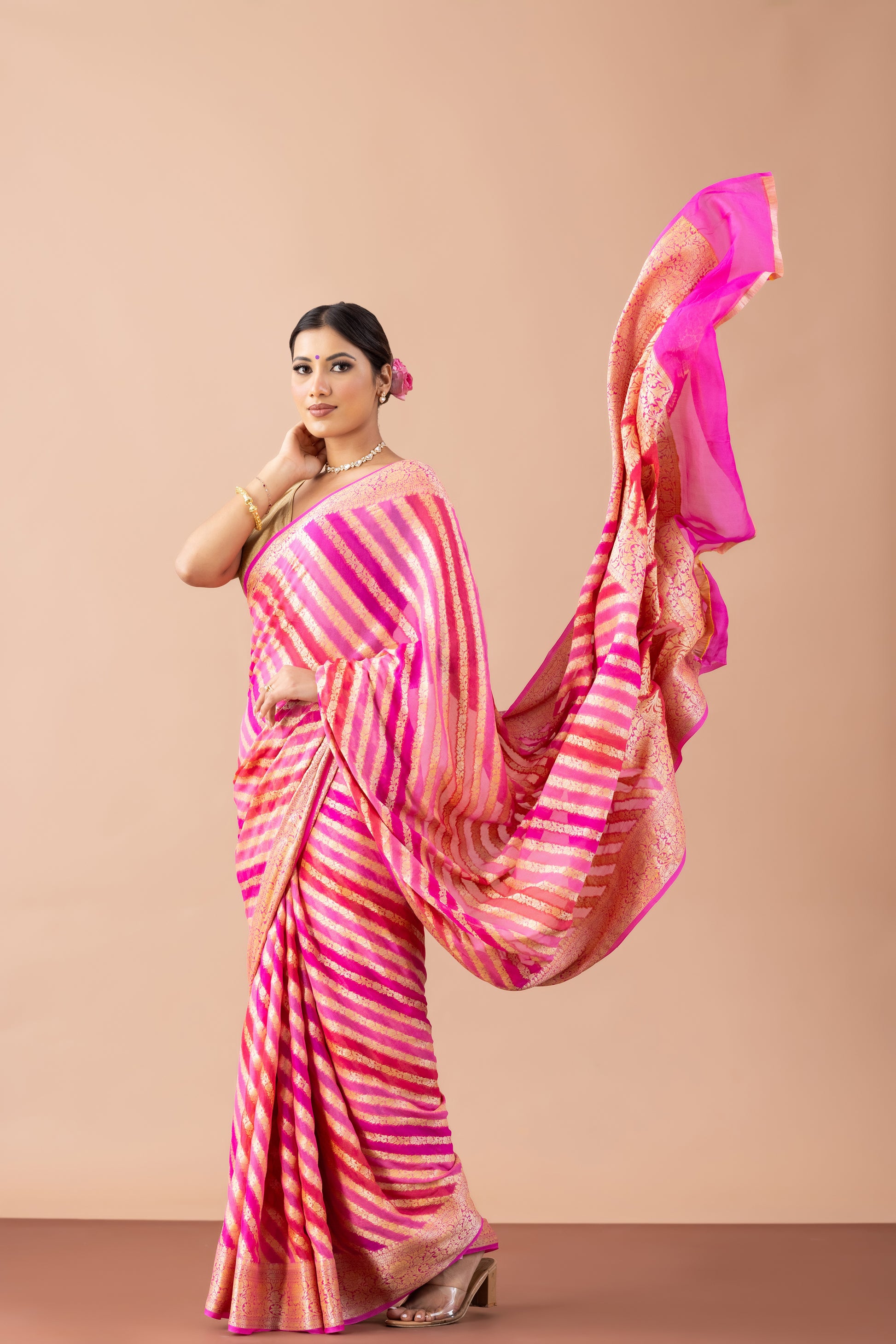 Pink Striped Georgette Banarasi Saree with Zari Border