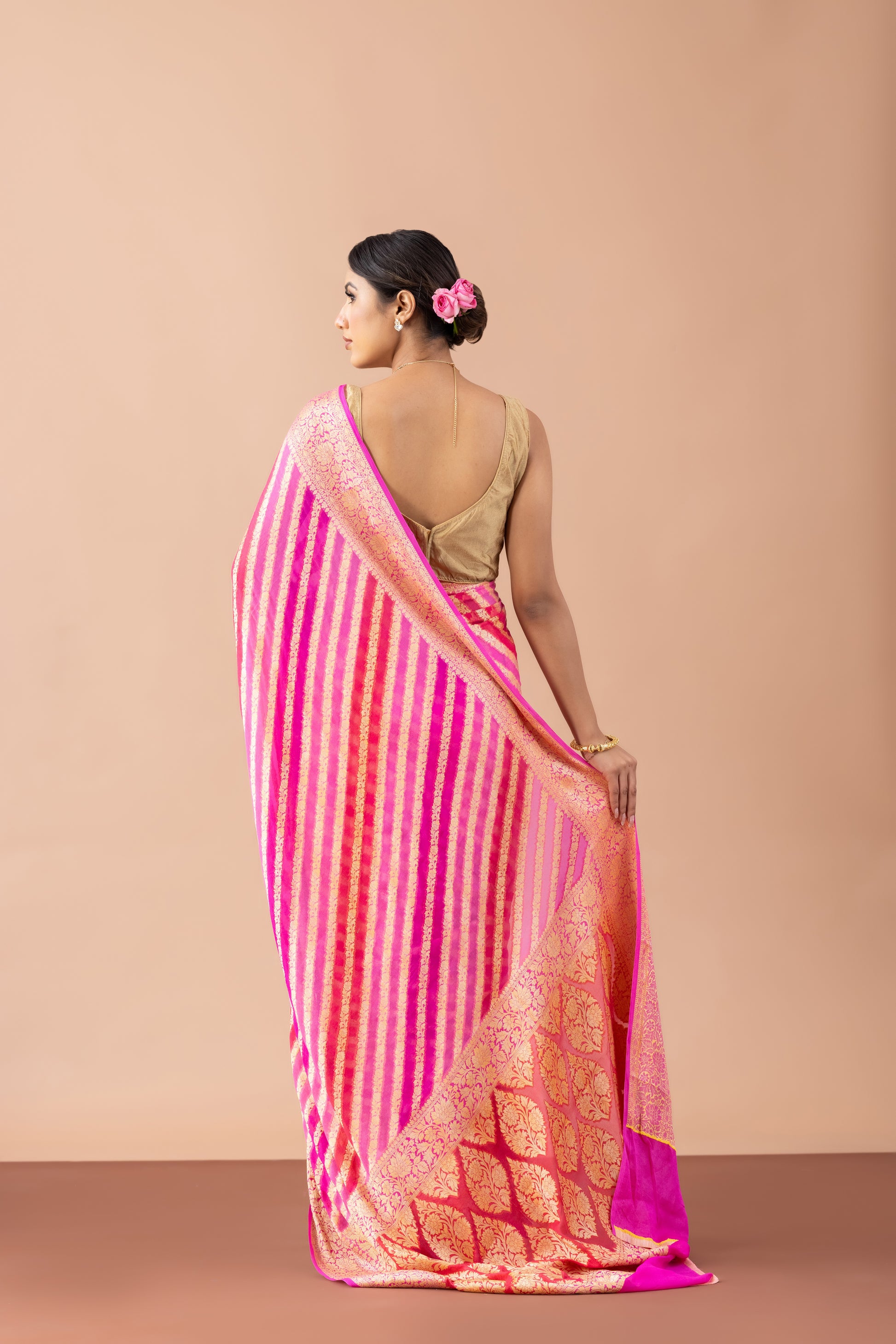 Pink Striped Georgette Banarasi Saree with Zari Border