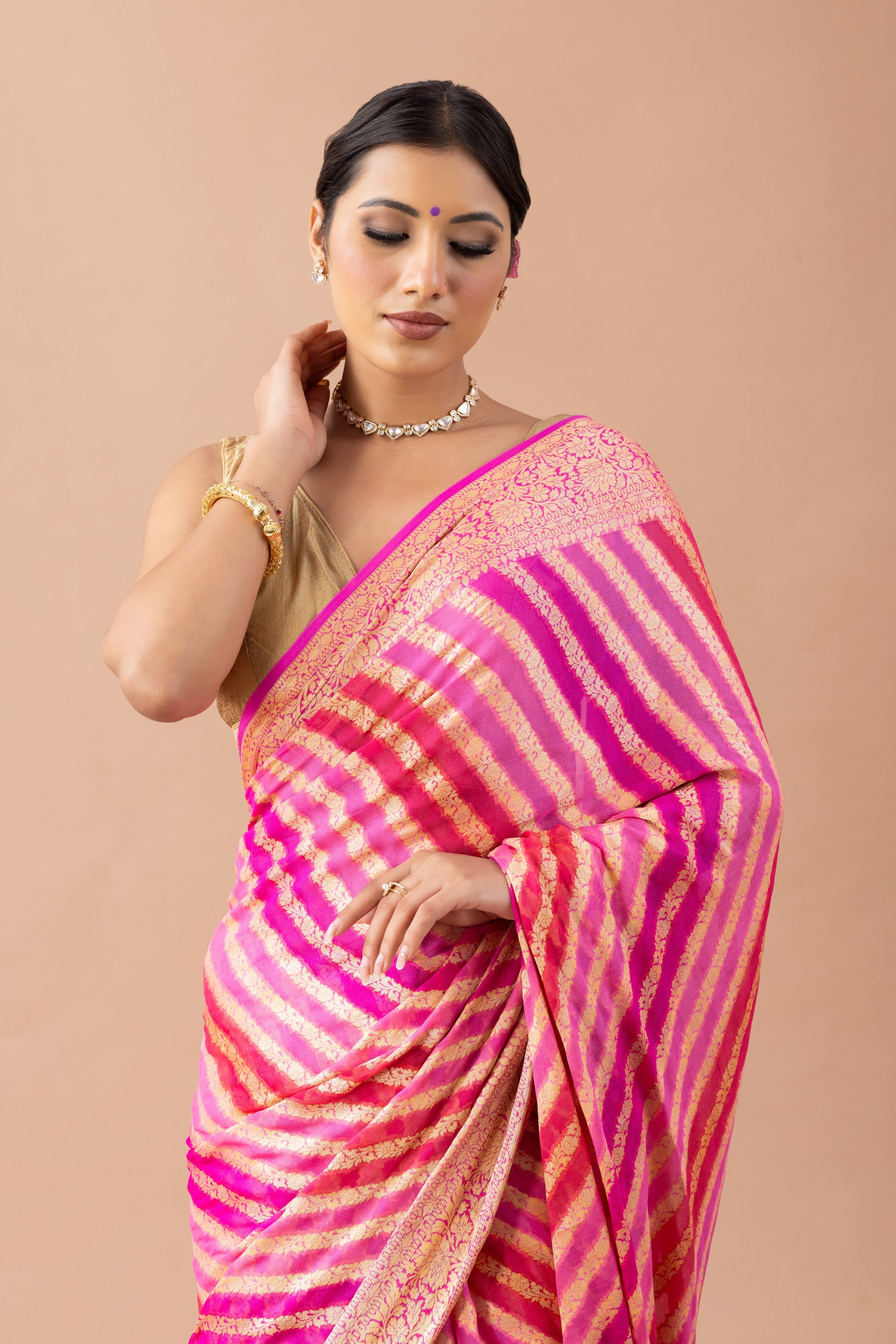 Pink Striped Georgette Banarasi Saree with Zari Border