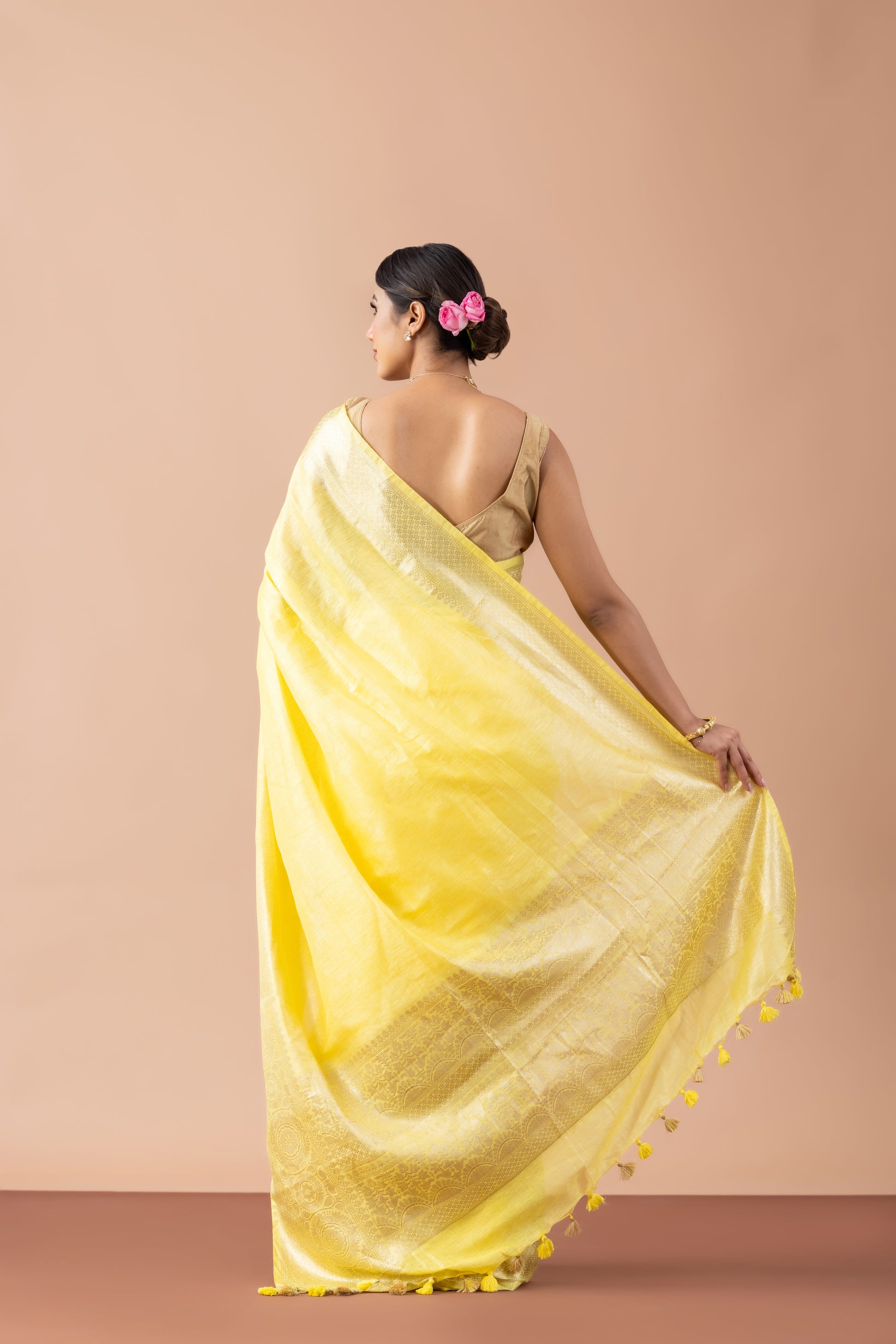 Sunny Yellow Linen Saree with Gold Zari Border & Tassels