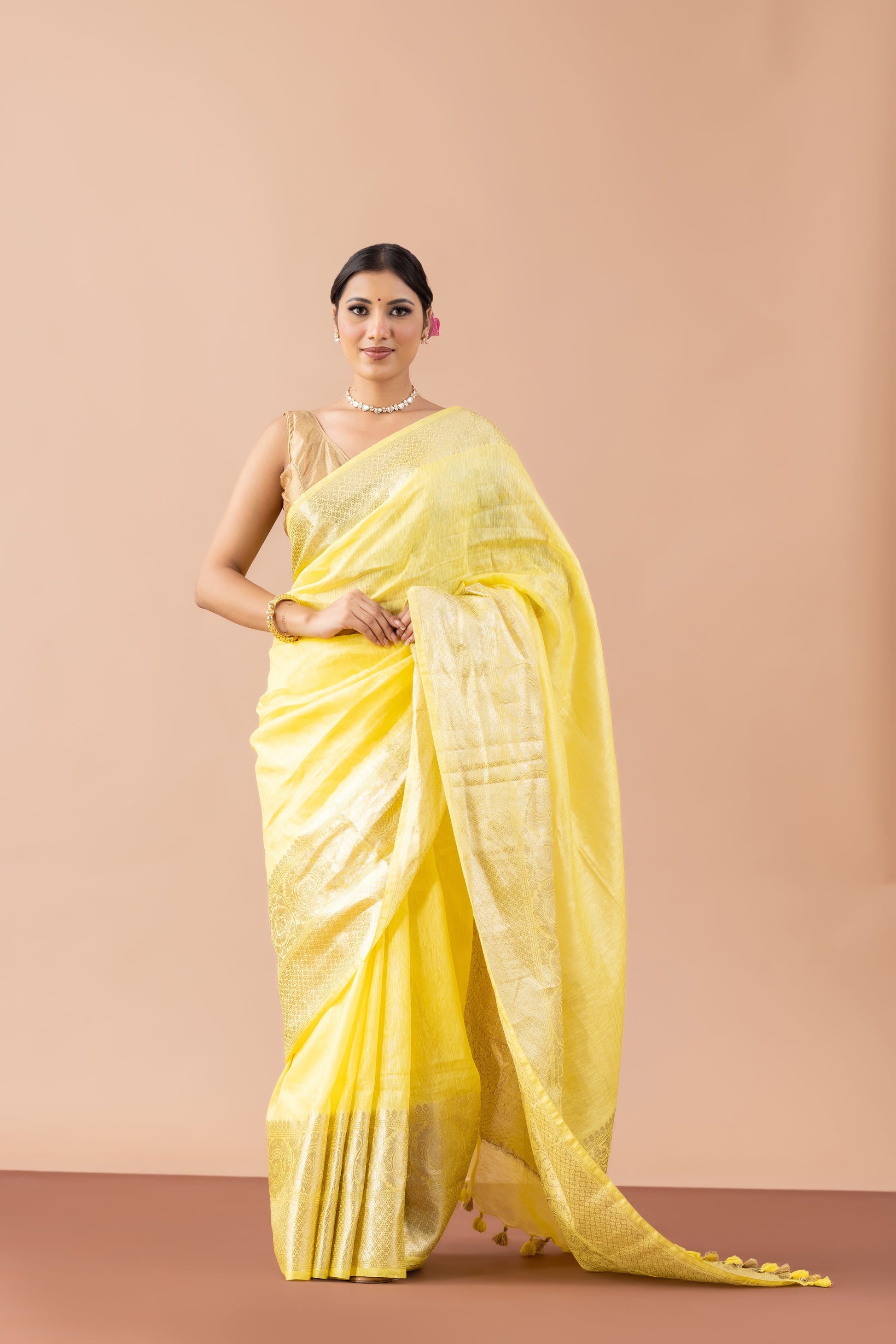 Sunny Yellow Linen Saree with Gold Zari Border & Tassels