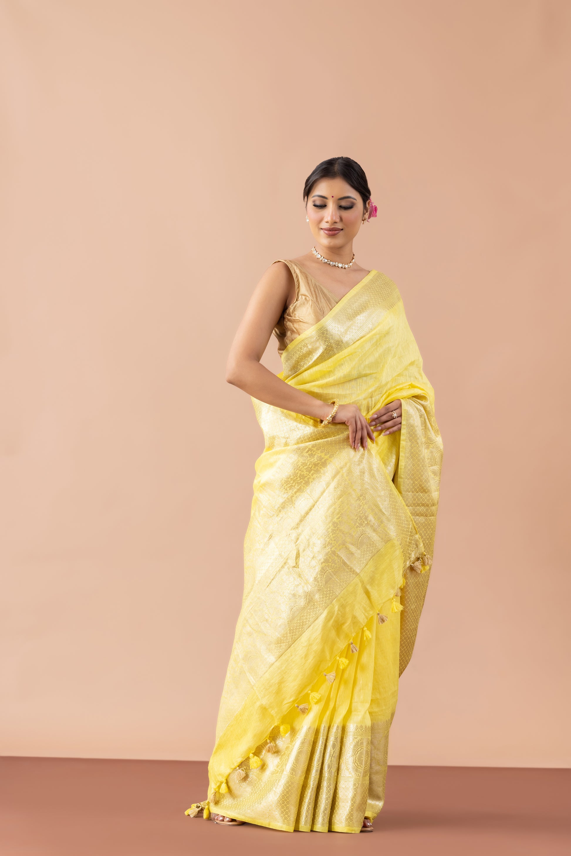 Sunny Yellow Linen Saree with Gold Zari Border & Tassels