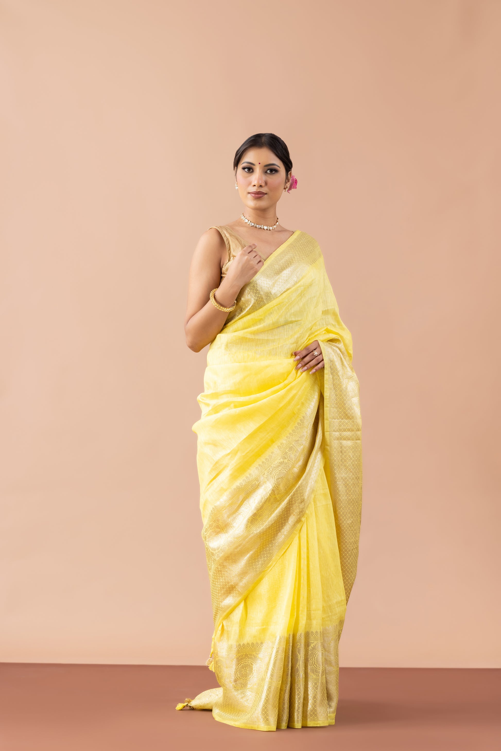 Sunny Yellow Linen Saree with Gold Zari Border & Tassels
