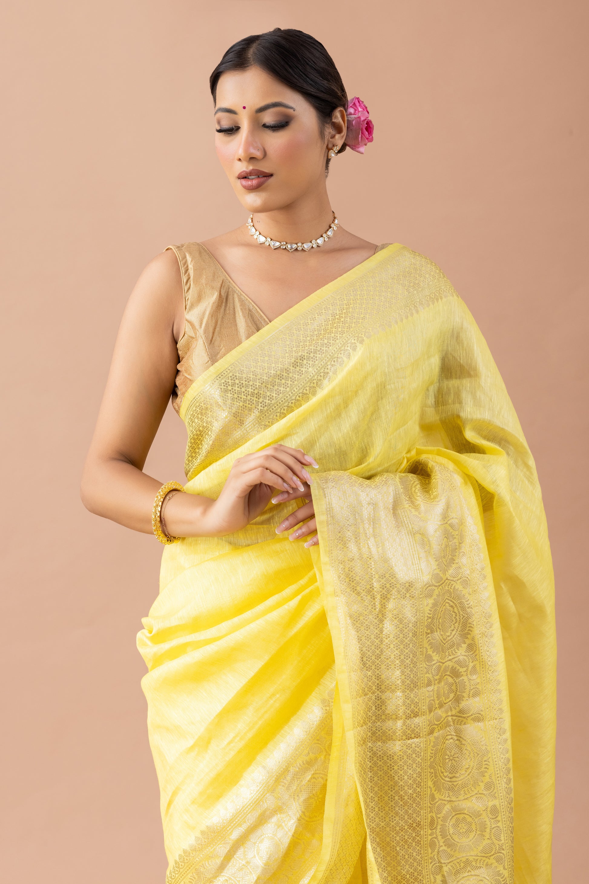 Sunny Yellow Linen Saree with Gold Zari Border & Tassels
