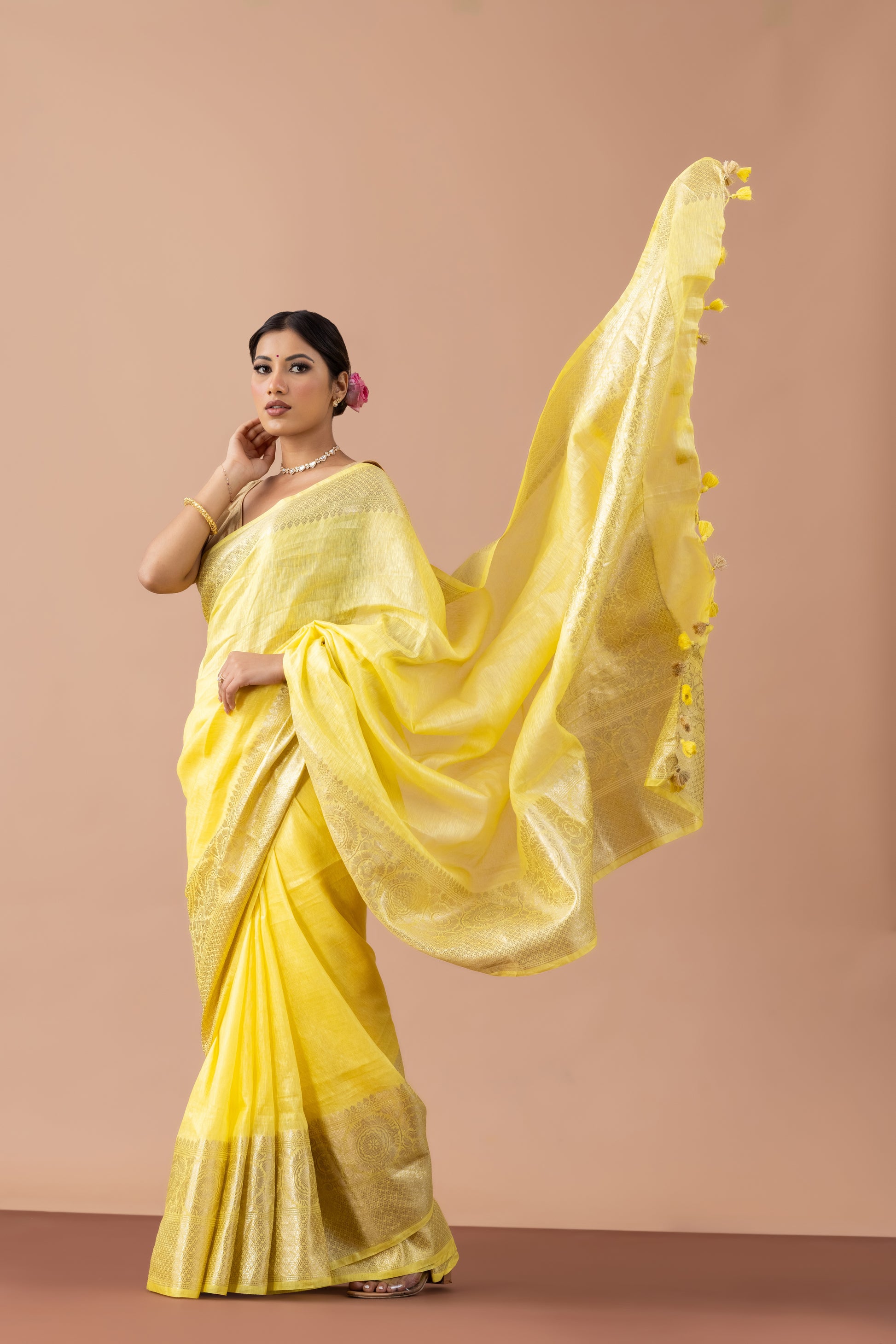Sunny Yellow Linen Saree with Gold Zari Border & Tassels