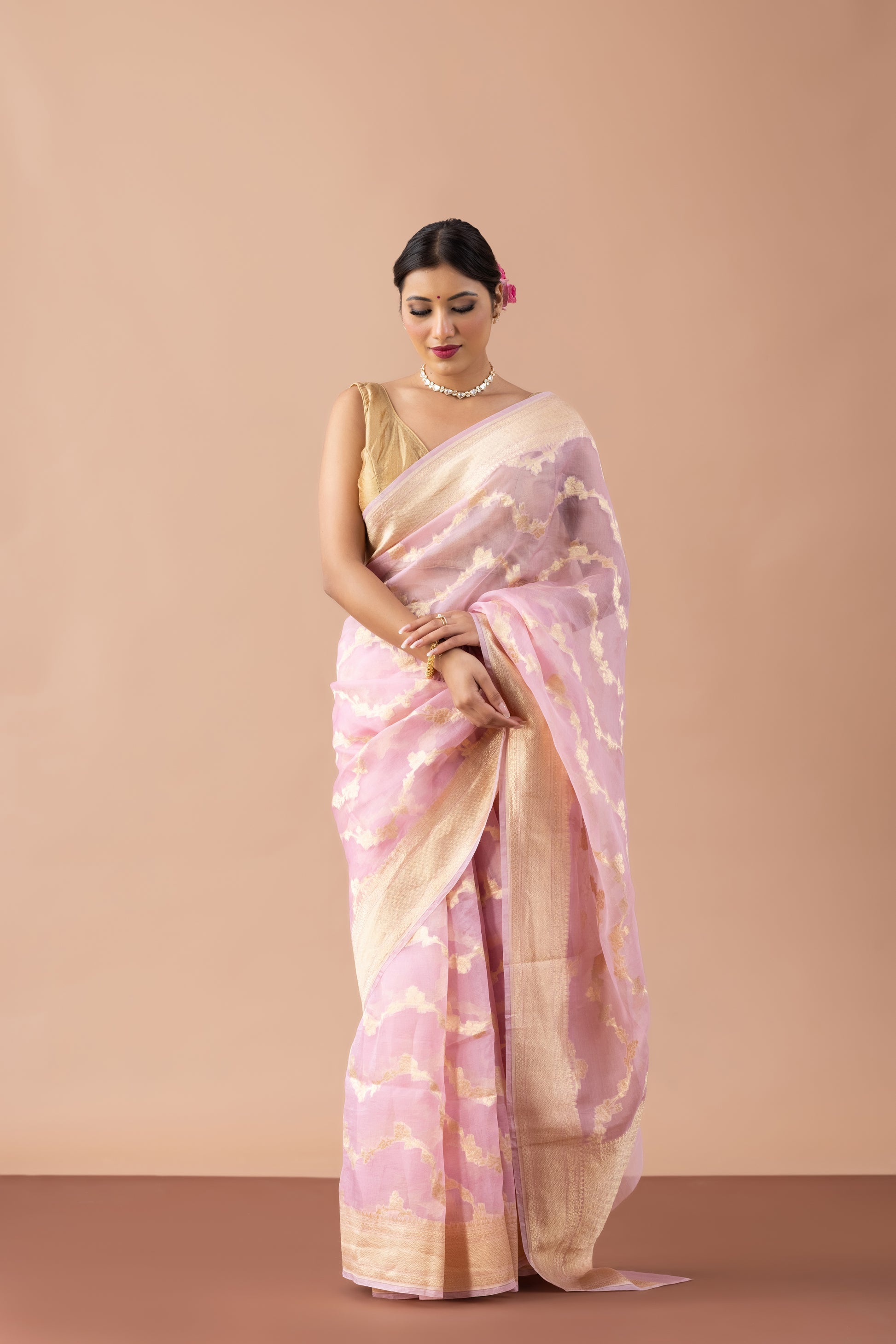 Pink Organza Banarasi Saree with Gold Zari Weave