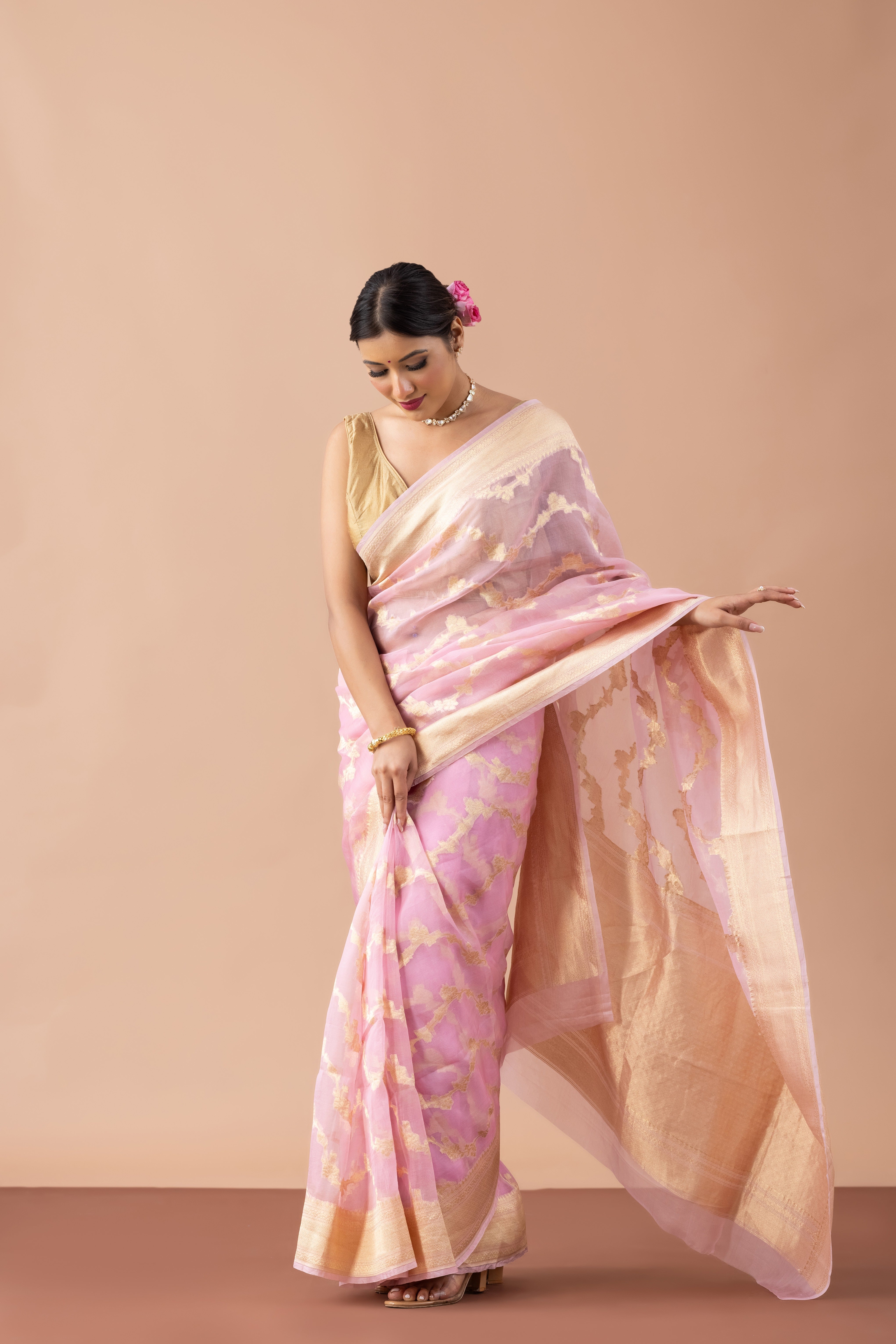 Pink Organza Banarasi Saree with Gold Zari Weave