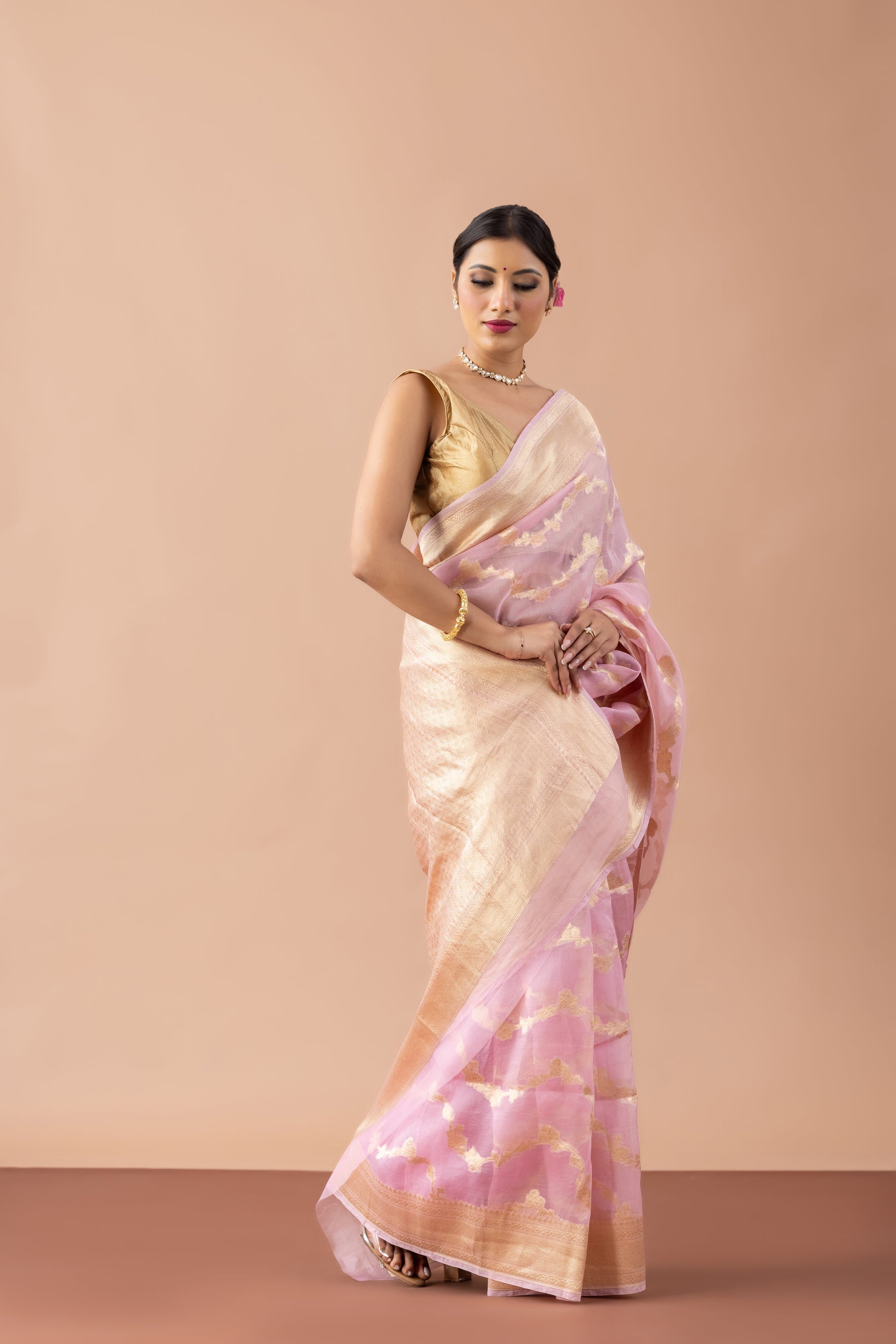 Pink Organza Banarasi Saree with Gold Zari Weave