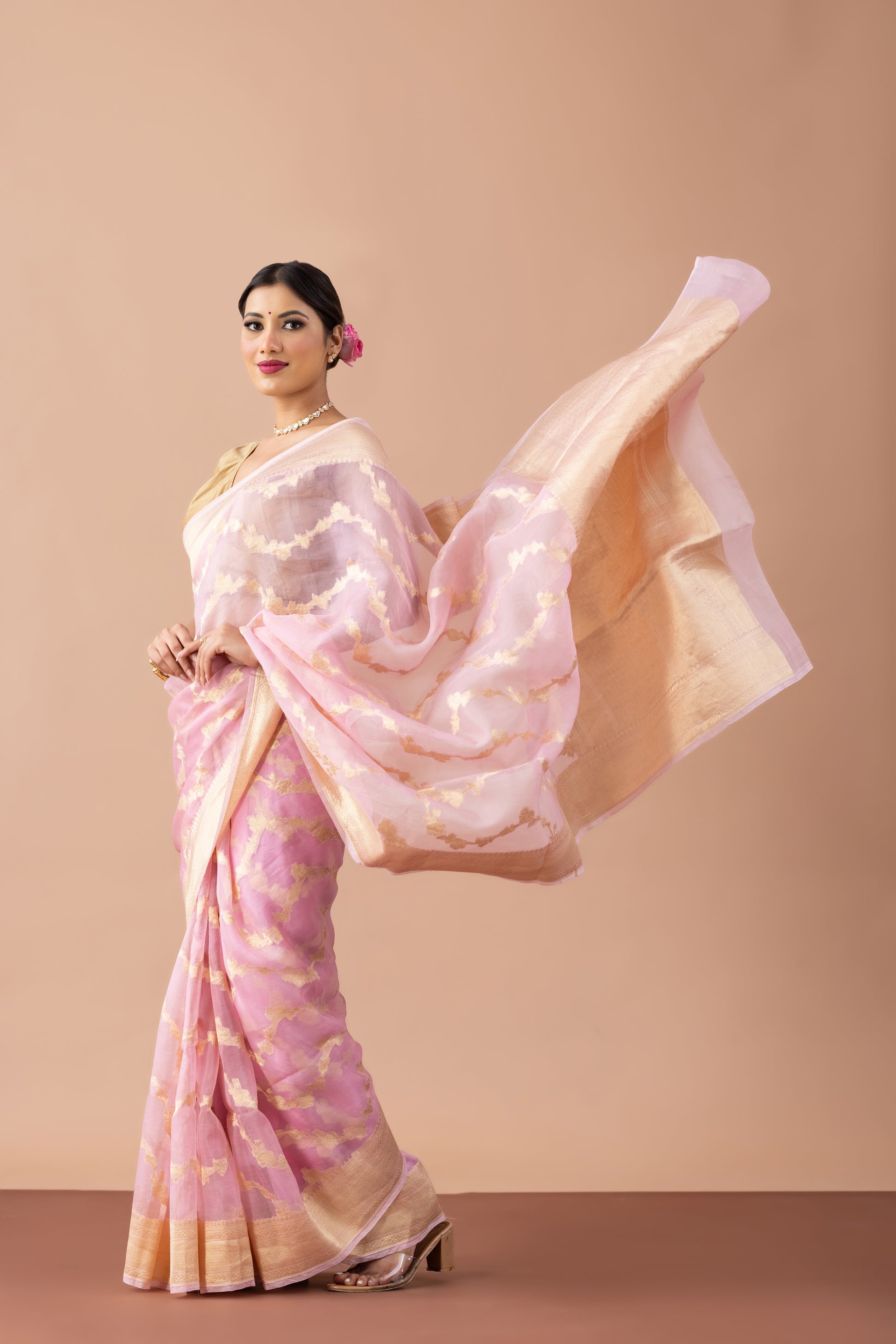 Pink Organza Banarasi Saree with Gold Zari Weave