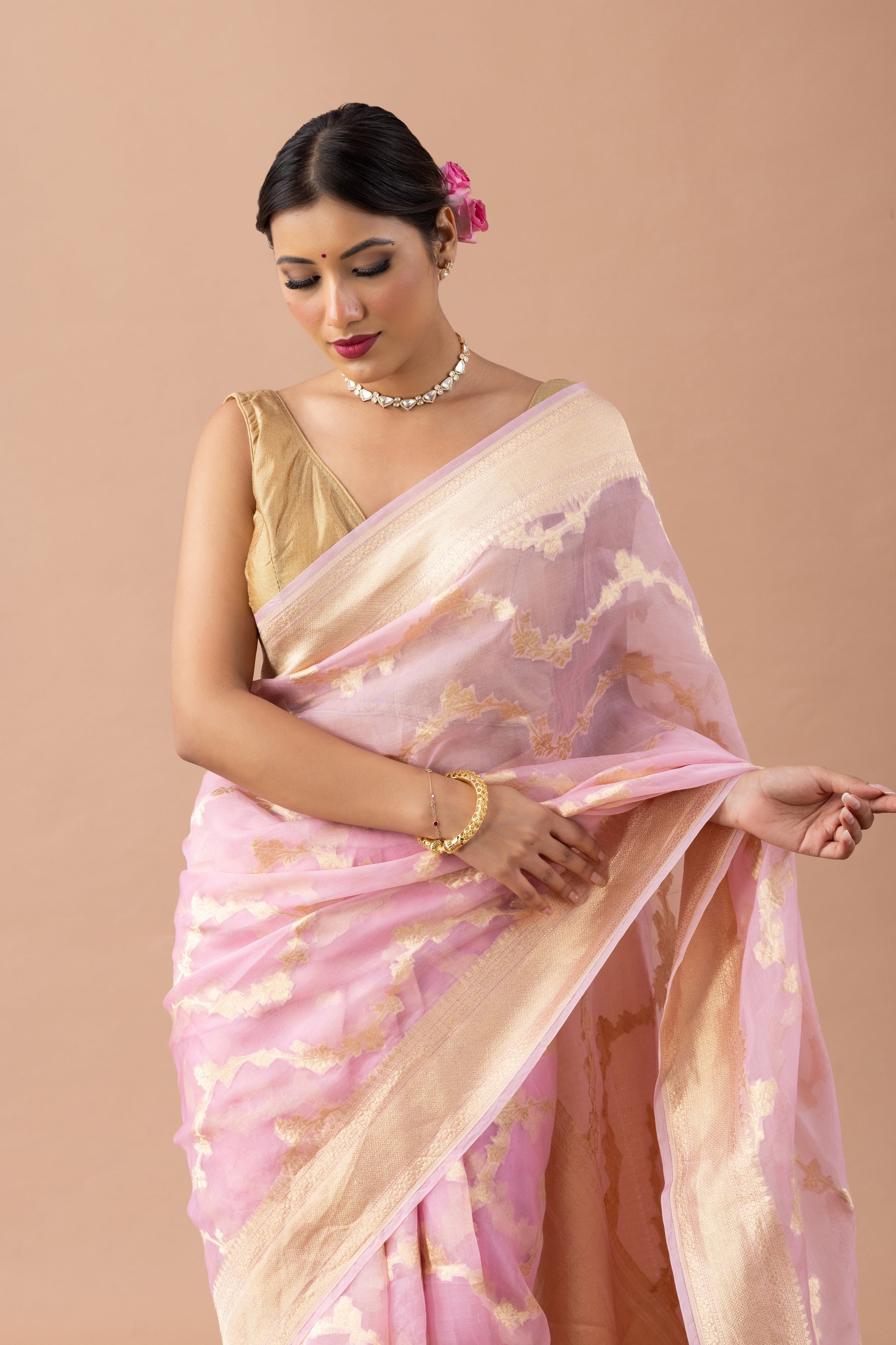 Pink Organza Banarasi Saree with Gold Zari Weave