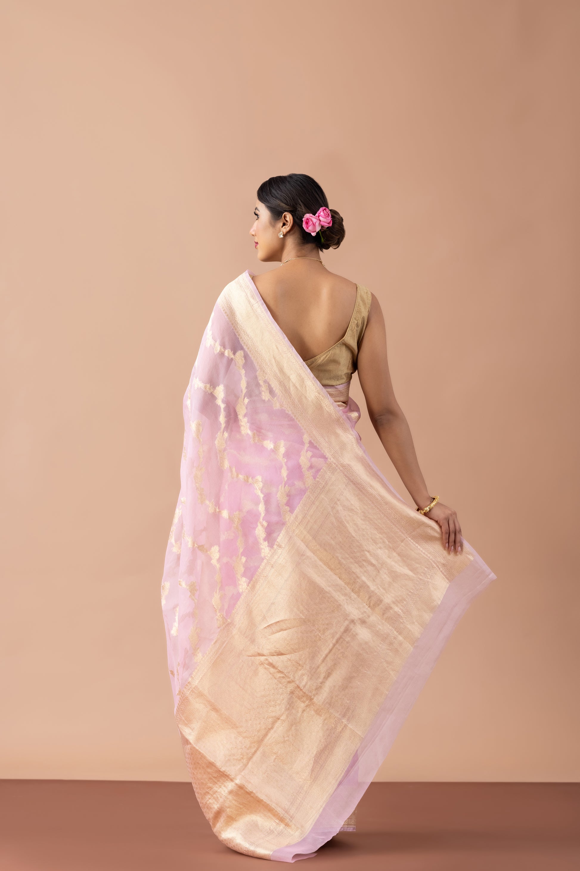 Pink Organza Banarasi Saree with Gold Zari Weave