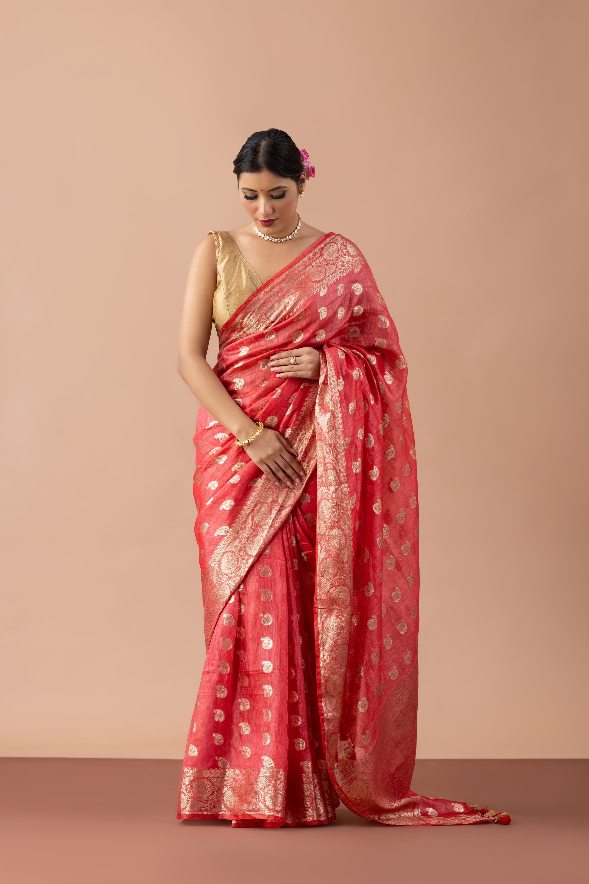 Tomato Red Linen Zari Boota Saree