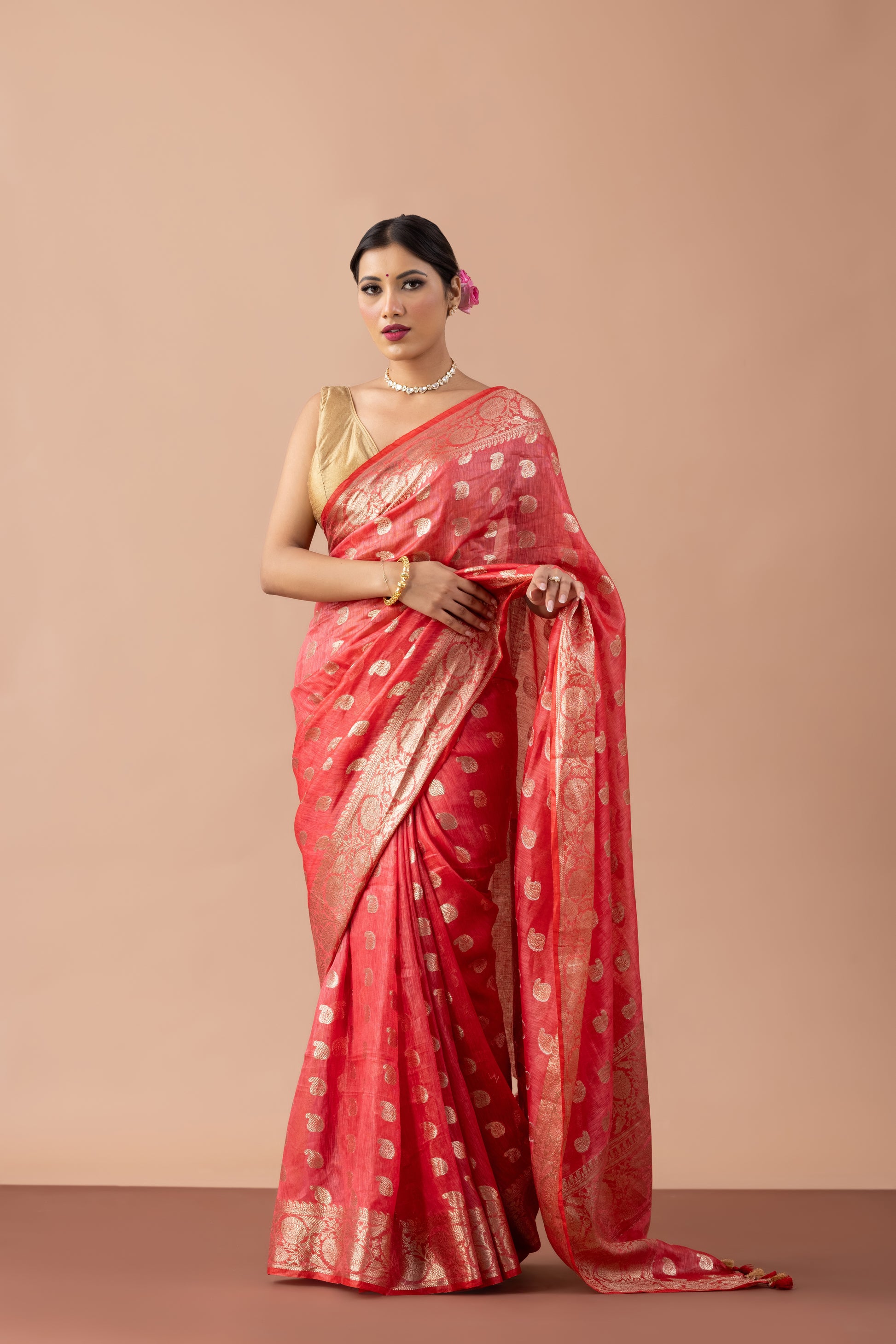 Tomato Red Linen Zari Boota Saree