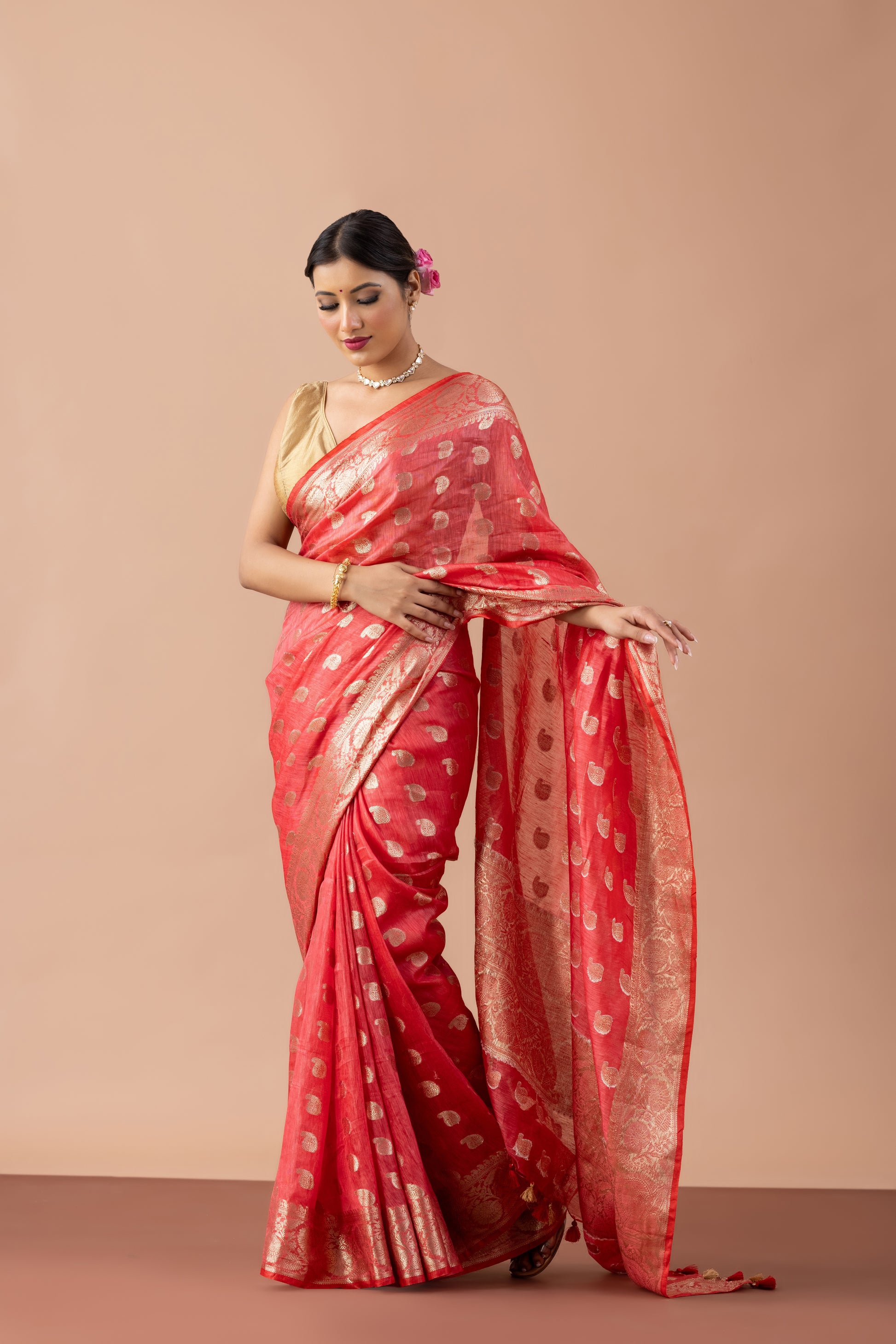 Tomato Red Linen Zari Boota Saree