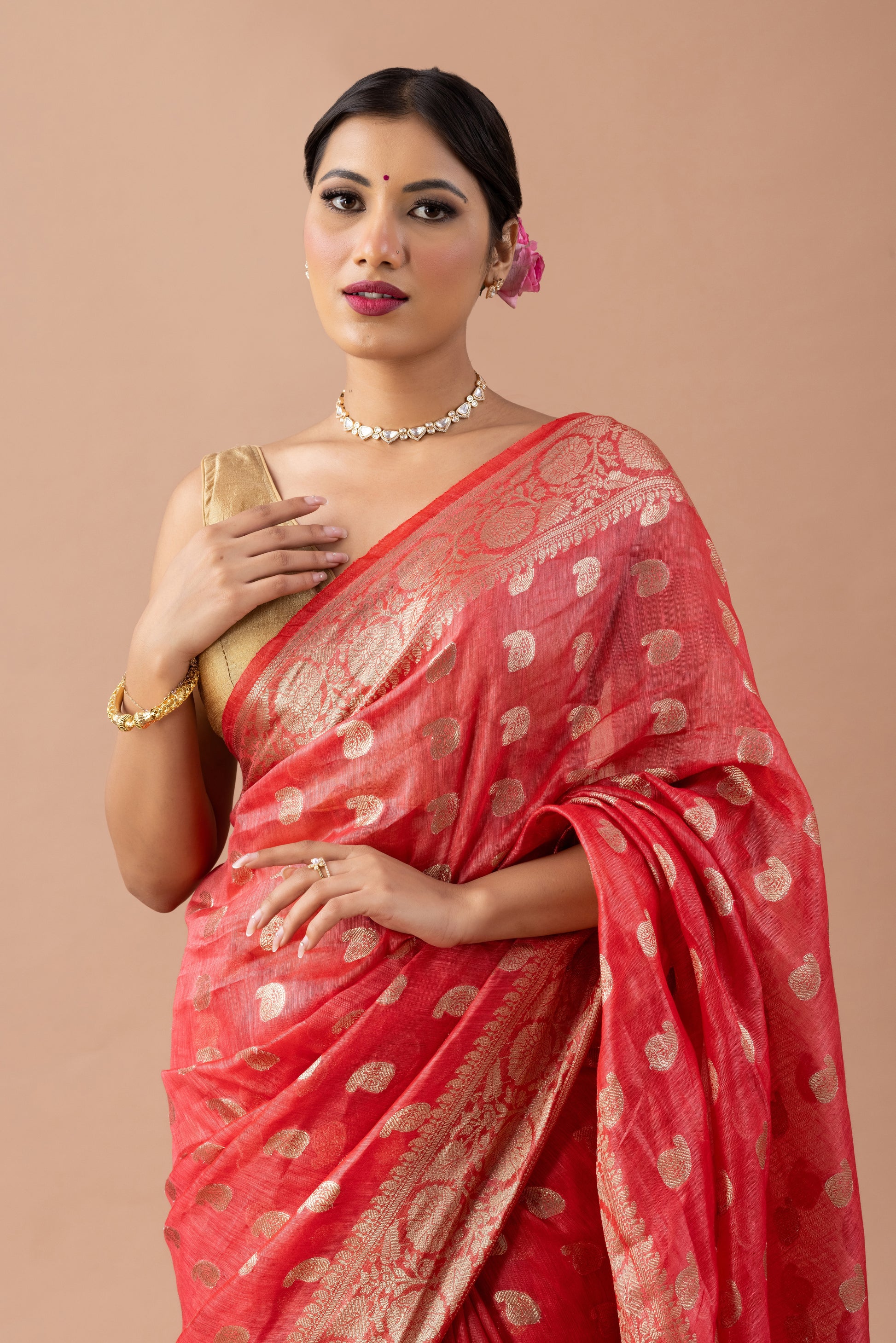 Tomato Red Linen Zari Boota Saree