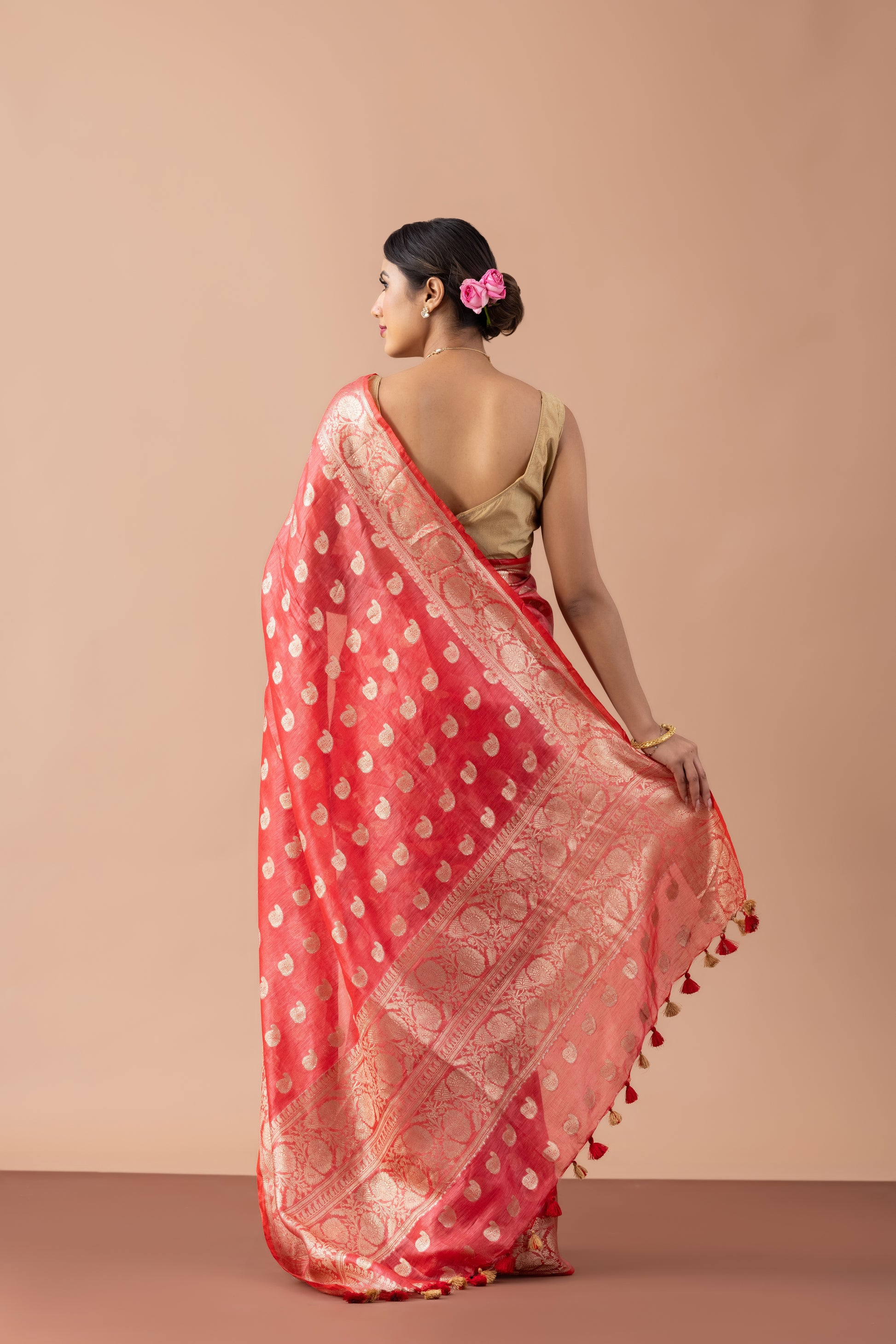 Tomato Red Linen Zari Boota Saree