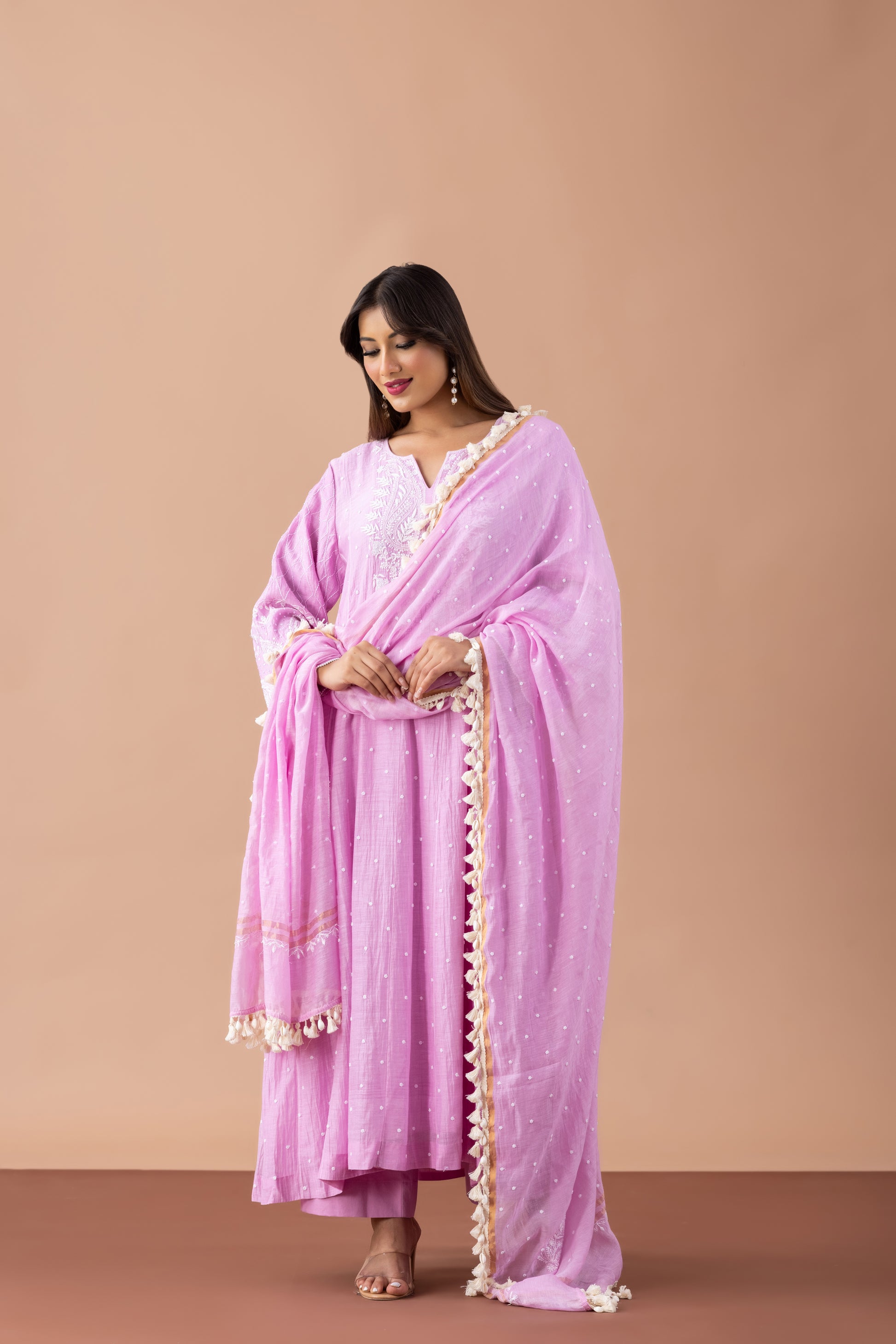 Adah Lavender Chikankari Anarkali with Tassel Dupatta