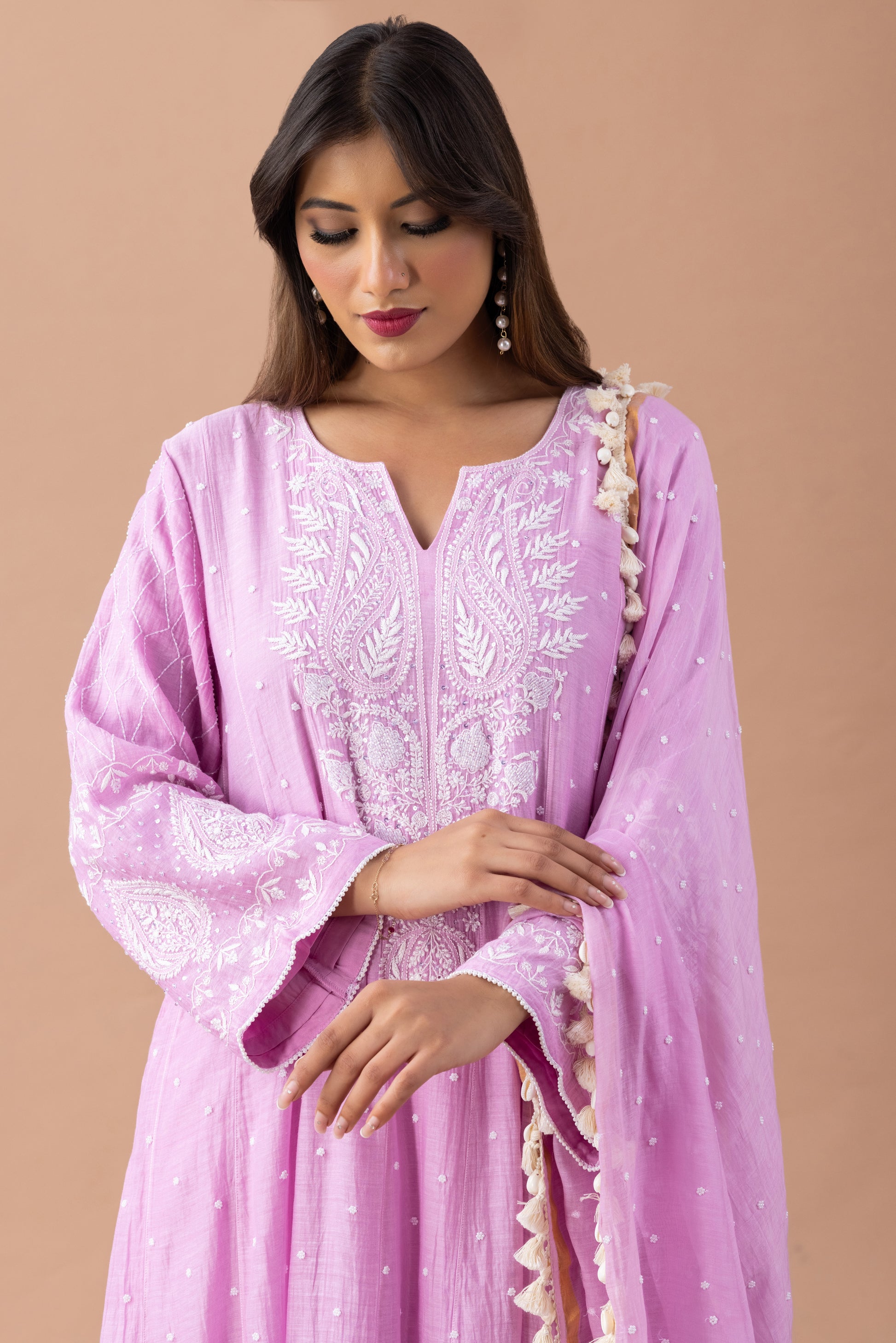 Adah Lavender Chikankari Anarkali with Tassel Dupatta