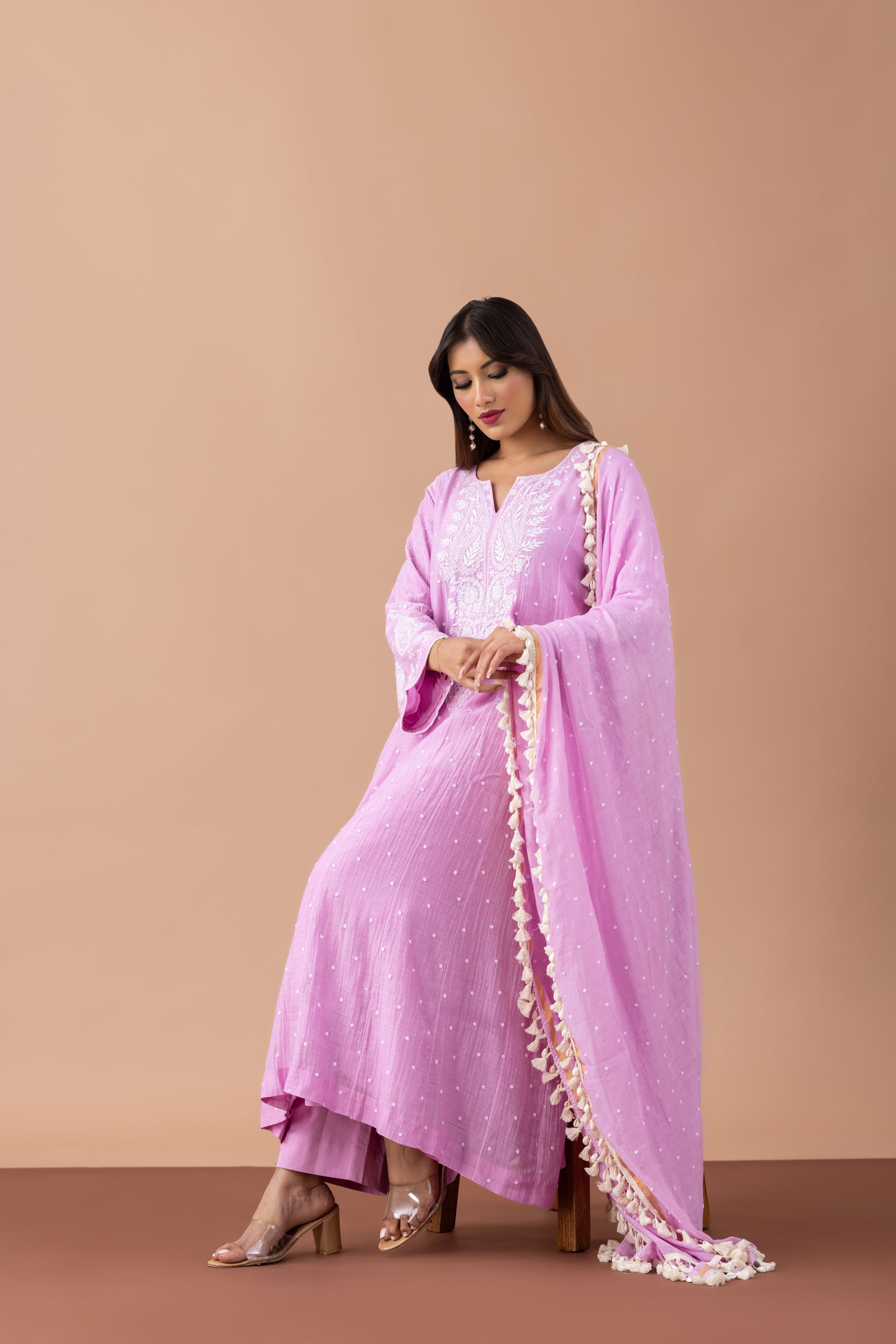 Adah Lavender Chikankari Anarkali with Tassel Dupatta