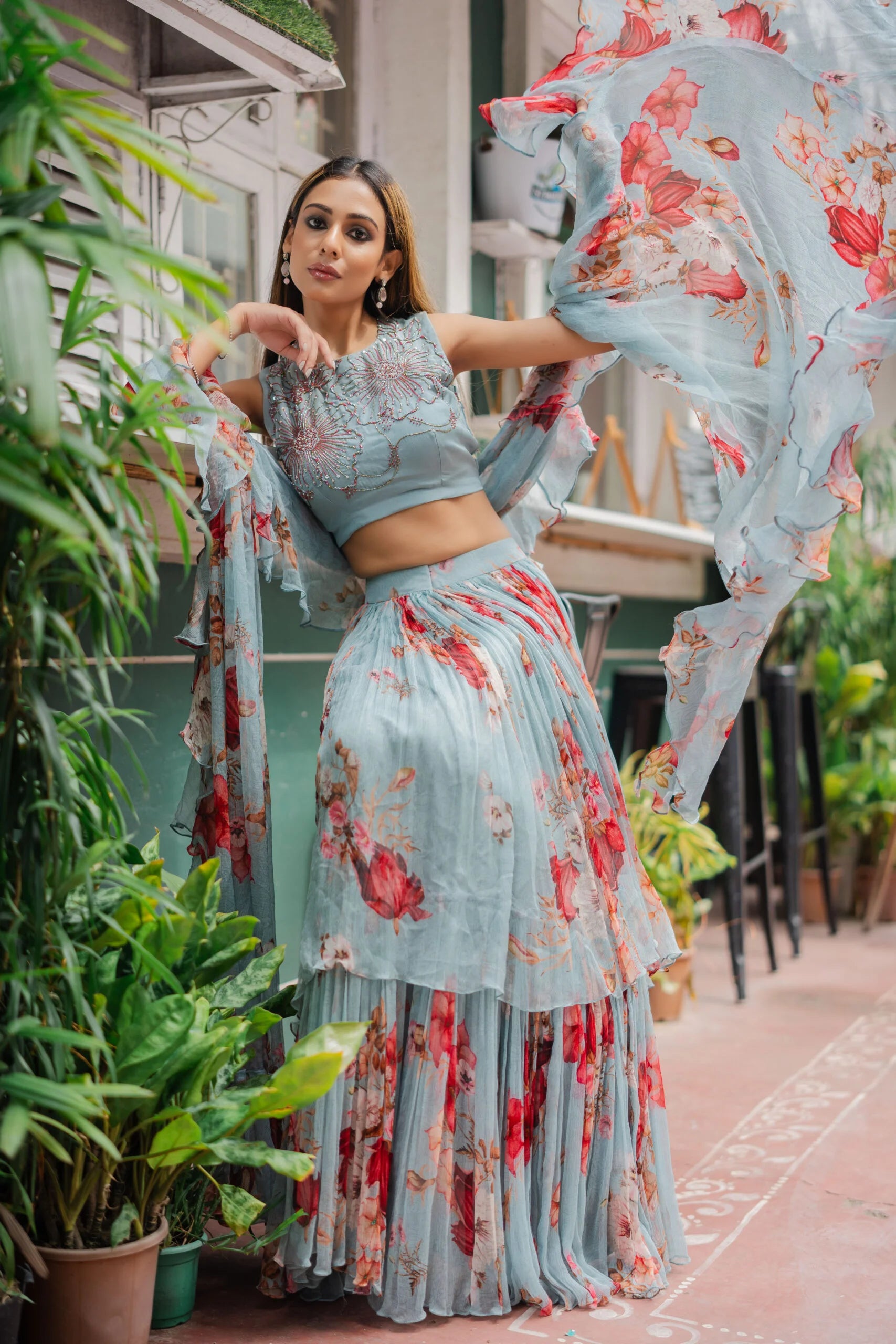 Coral Ocean Pastel Blue & Coral Floral Chiffon Lehenga Set - Wedding Lehenga
