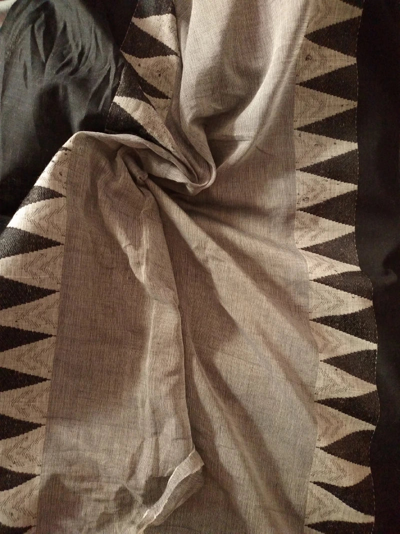 Black Mercerized Cotton Handwoven Saree Jamdani Kalka Temple