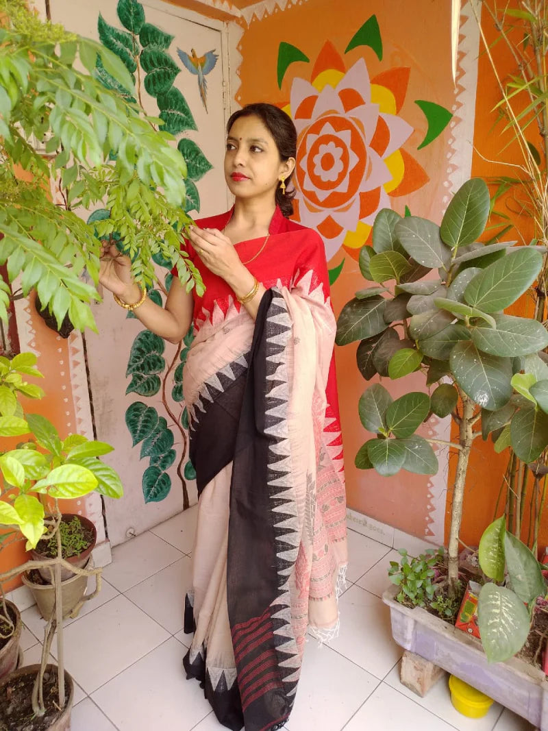Blush Pink White Red Mercerized Cotton Handwoven Saree Abstract